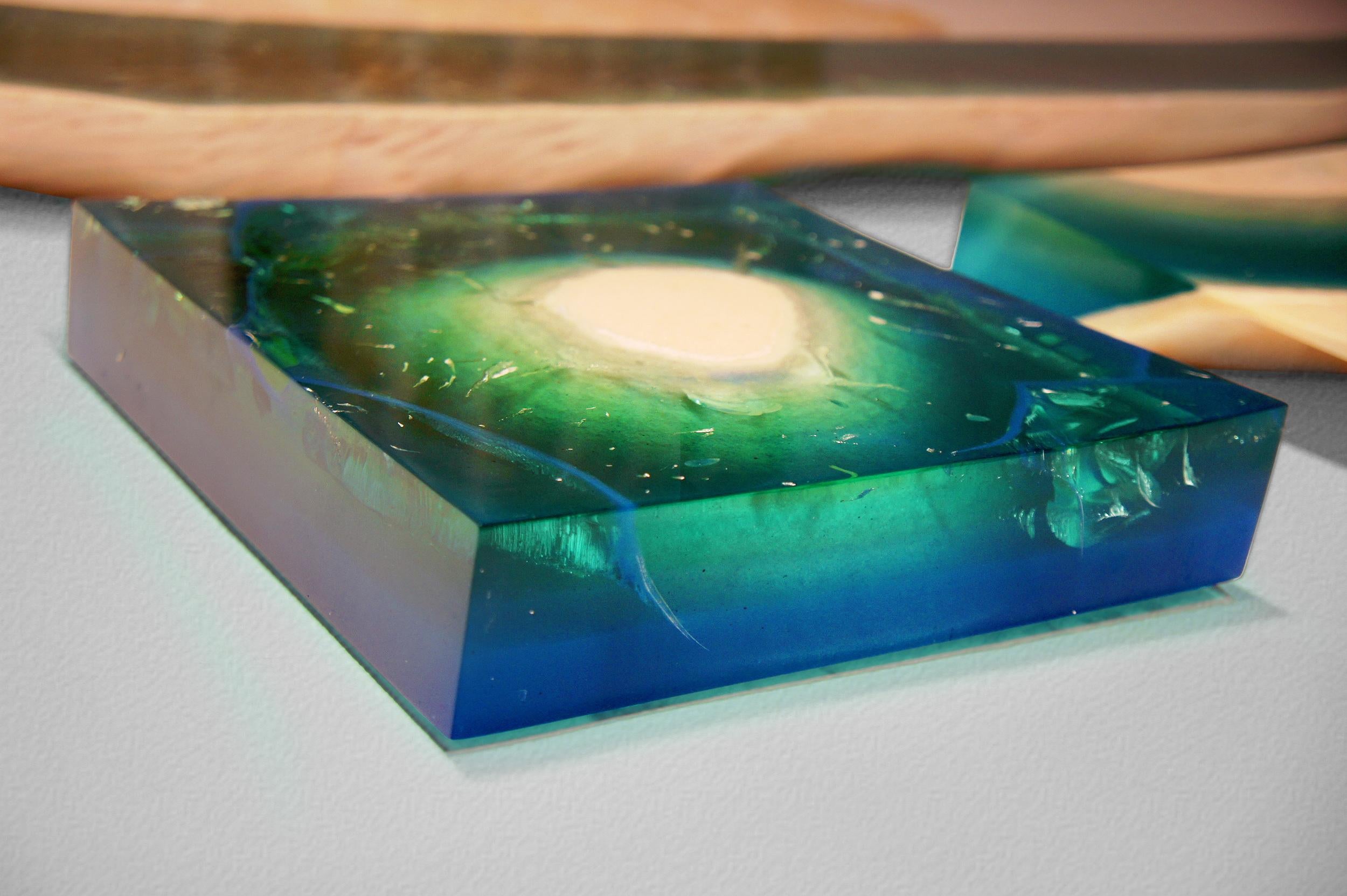 Romanian Aqua Blocks Contemporary Wall Sculpture by Eduard Locota, Acrylic Glass & Marble For Sale