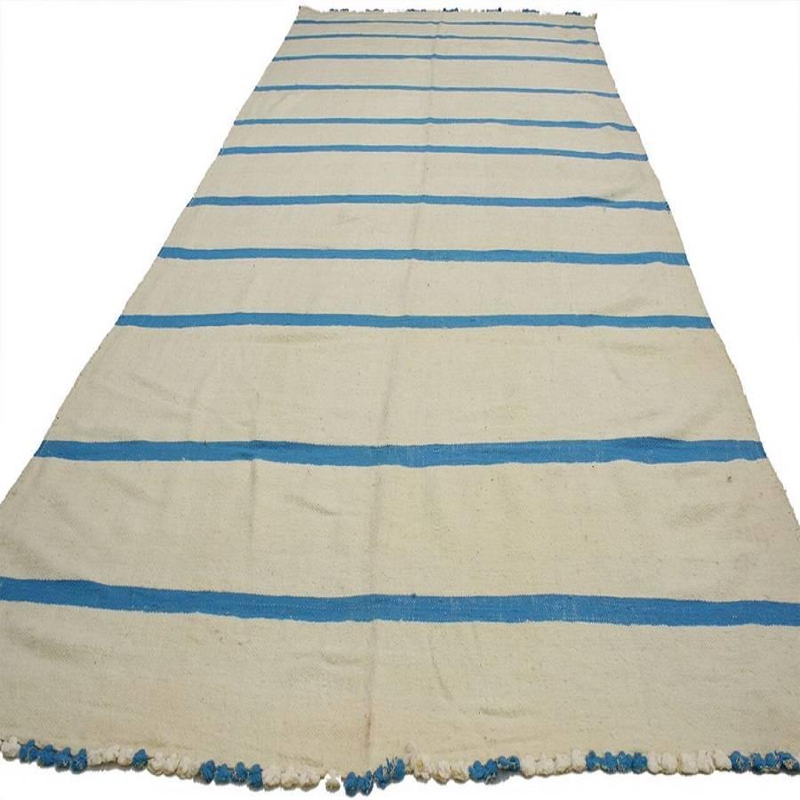20539 Aqua Blue and Cream Vintage Berber Moroccan Kilim Rug with Stripes 06'02 x 12'10. Made by the Berber Tribe artisans in the 1970s, this handwoven wool Vintage Berber Moroccan Kilim Rug with Stripes reflects an understated appearance ideal for