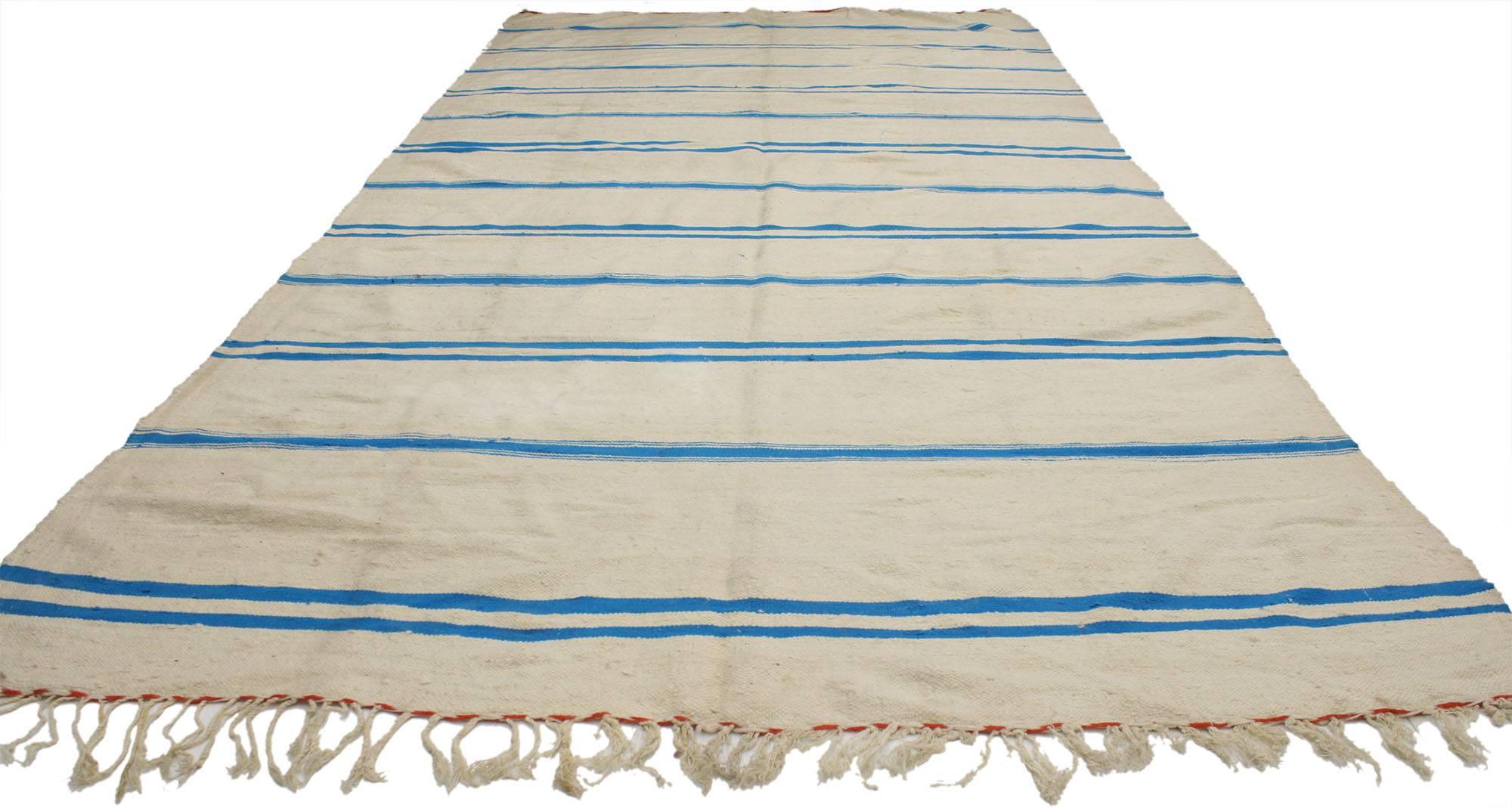 Hand-Woven Vintage Berber Moroccan Striped Kilim Rug with Relaxed Coastal Style
