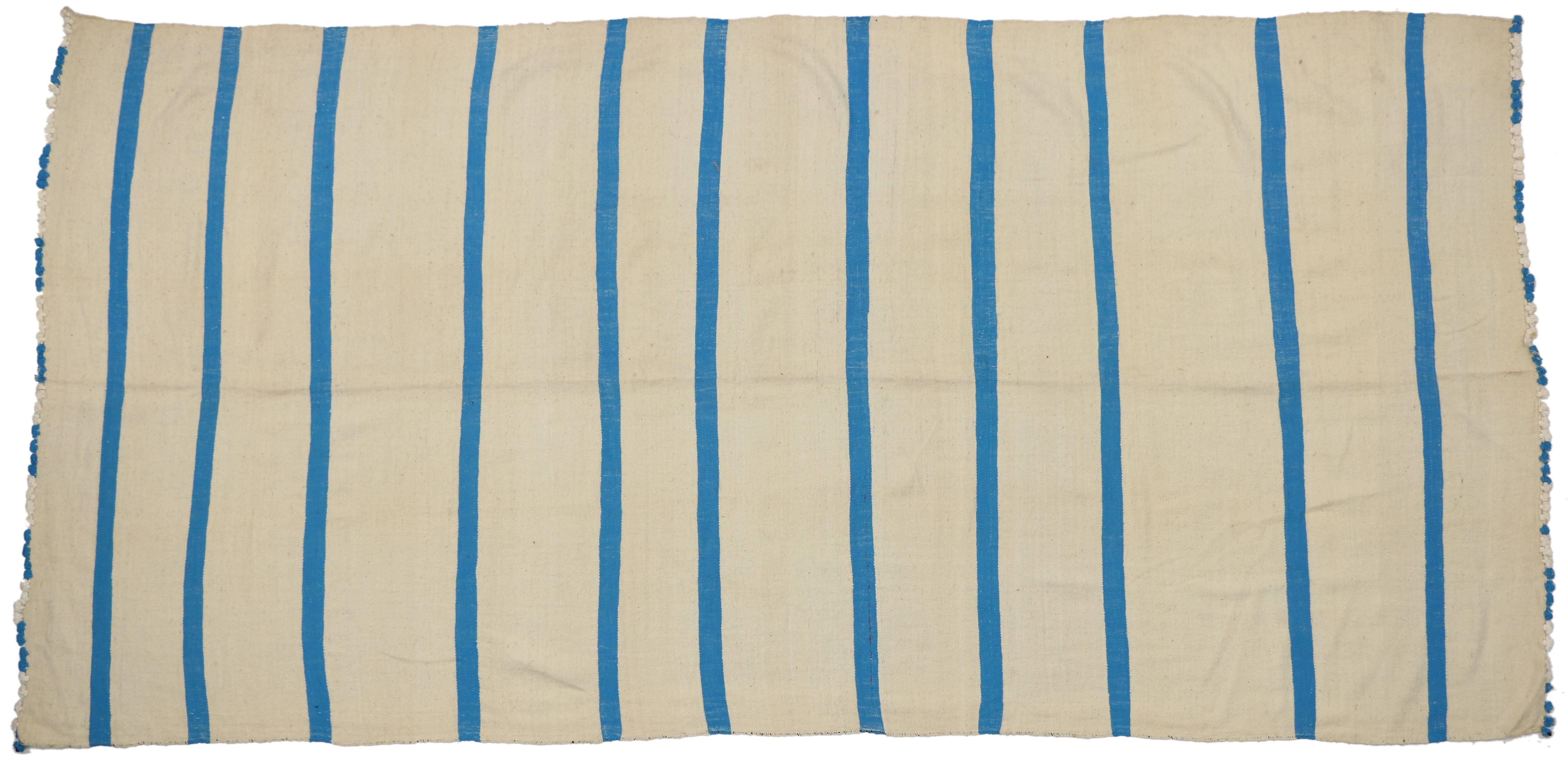 Hand-Woven Aqua Blue and Cream Vintage Berber Moroccan Kilim Rug with Stripes