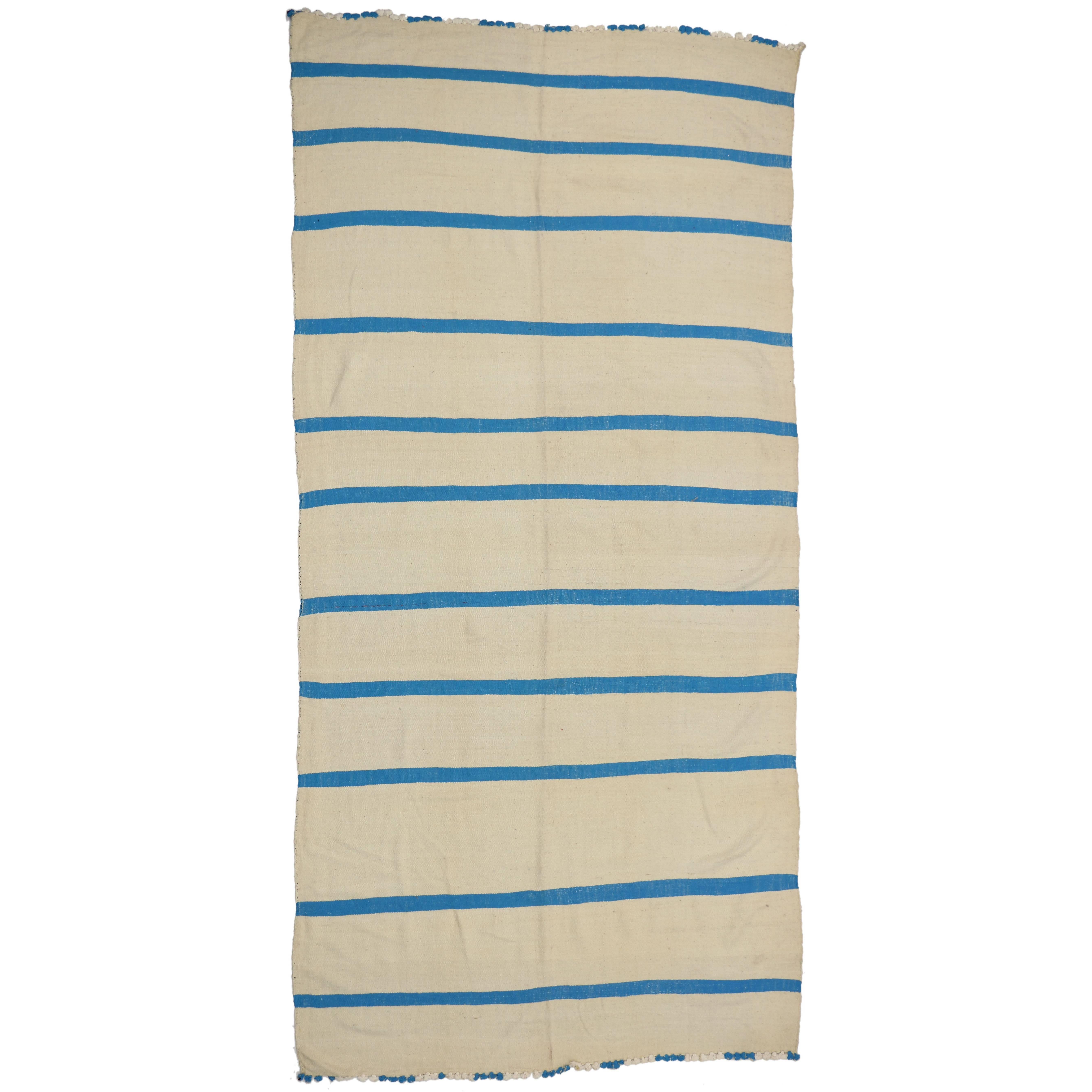 Aqua Blue and Cream Vintage Berber Moroccan Kilim Rug with Stripes