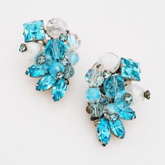 Aqua Blue Crystal Cluster Climber Earrings By Eugene Schultz, 1950s