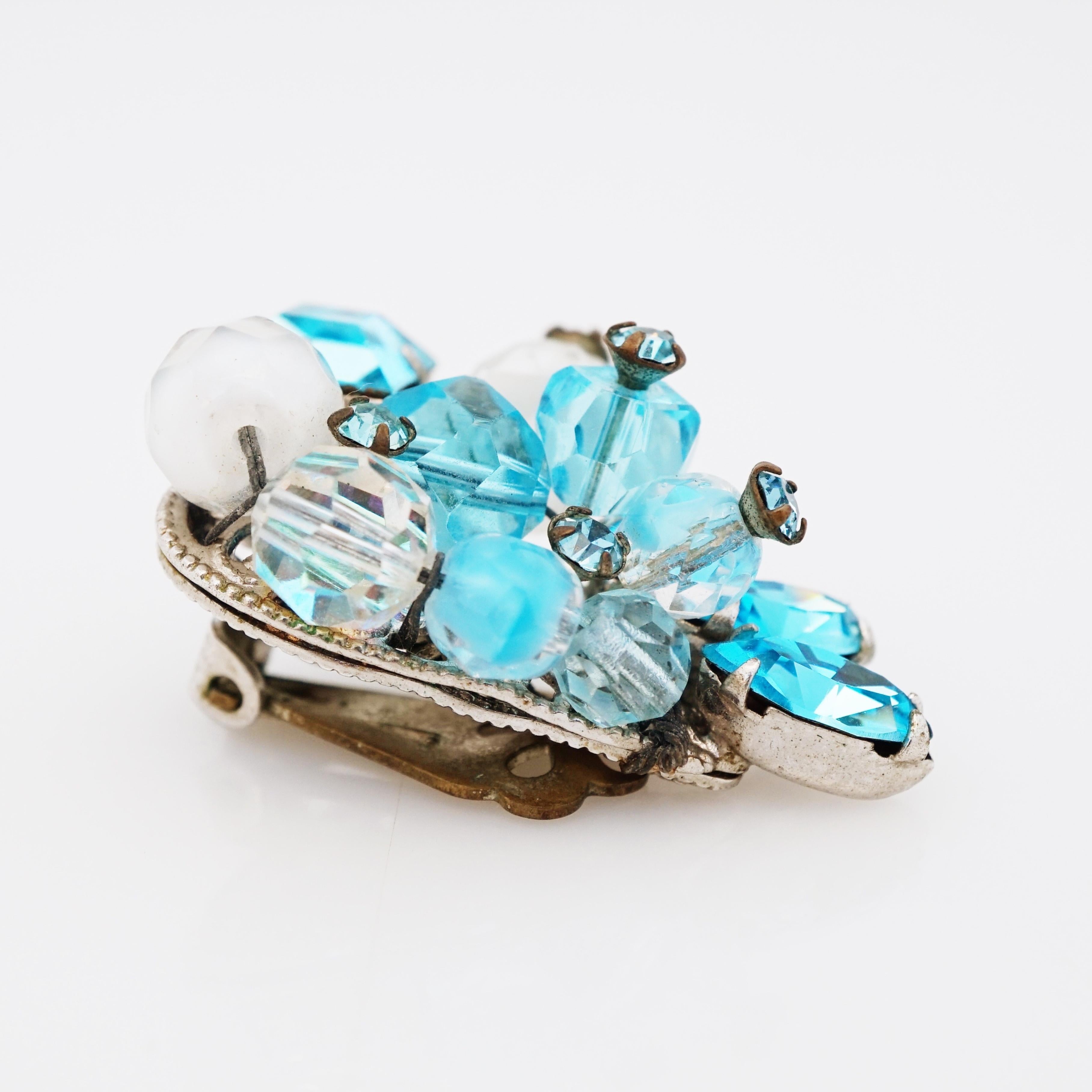Modern Aqua Blue Crystal Cluster Climber Earrings By Eugene Schultz, 1950s For Sale