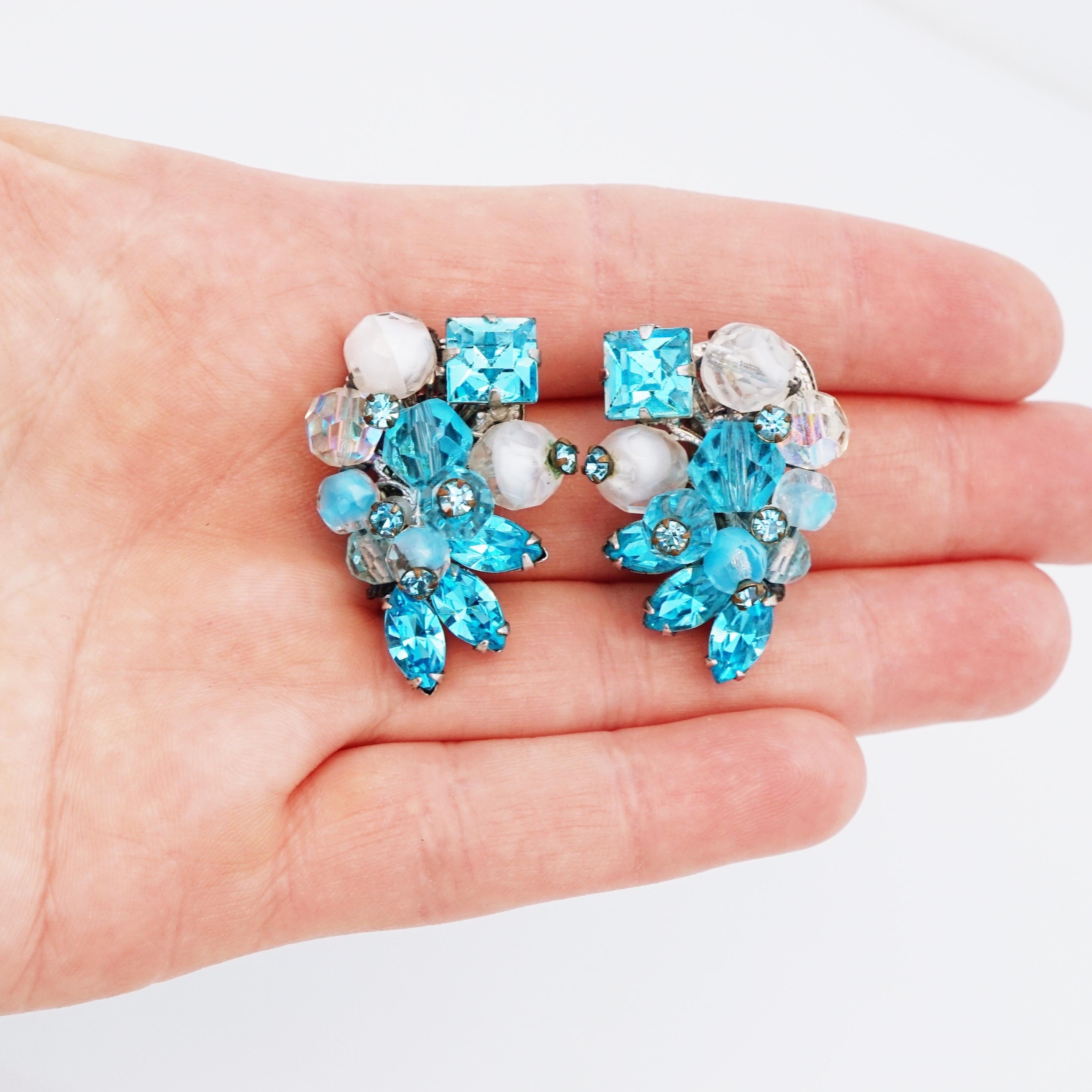 Women's Aqua Blue Crystal Cluster Climber Earrings By Eugene Schultz, 1950s For Sale