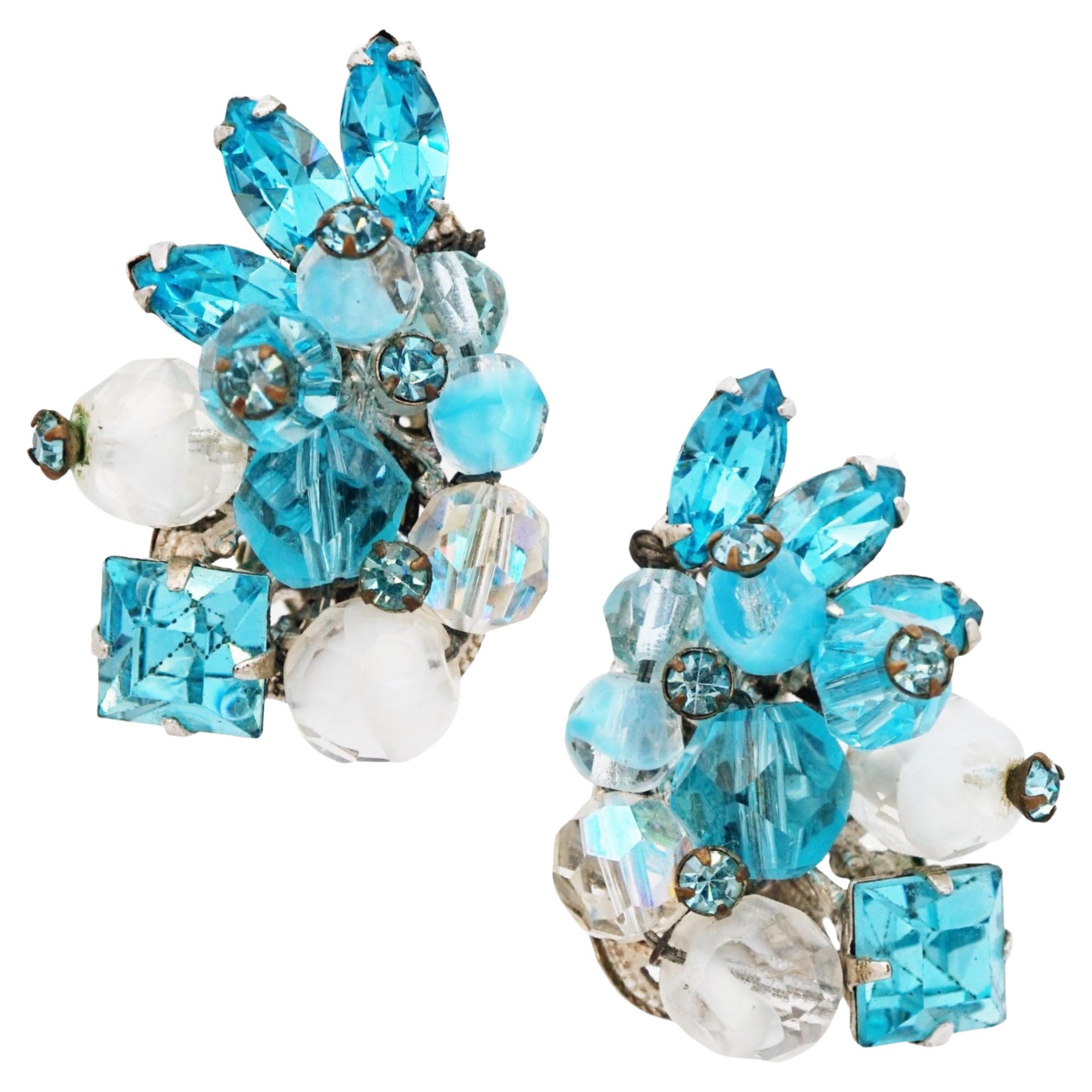 Aqua Blue Crystal Cluster Climber Earrings By Eugene Schultz, 1950s For Sale