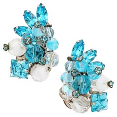 Vintage Aqua Blue Crystal Cluster Climber Earrings By Eugene Schultz, 1950s