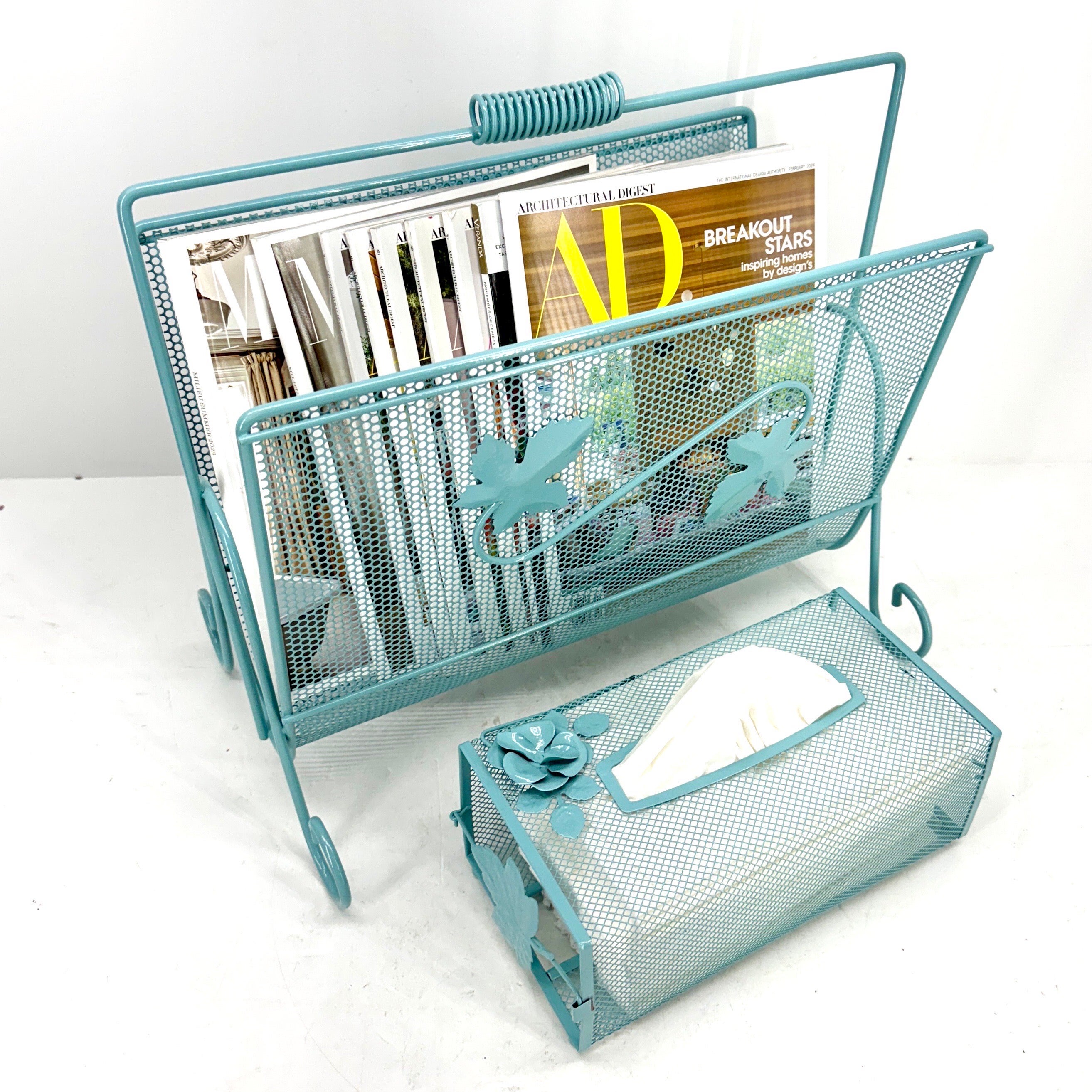 Powder-Coated Aqua Blue Floral Magazine Rack Tissue Holder Set, 1950's

Charming vintage set from the 1950's. This mid-century modern freshly powder-coated pair would be a wonderful addition to any powder room or guest room in any formal or informal