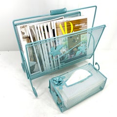 Aqua Blue Floral Magazine Rack And Tissue Holder Set, Mid-Century 1950's