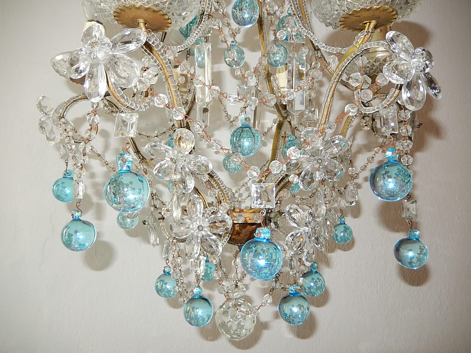 Aqua Blue French Maison Baguès Style Beaded Crystal Prisms & Flowers Chandelier 7