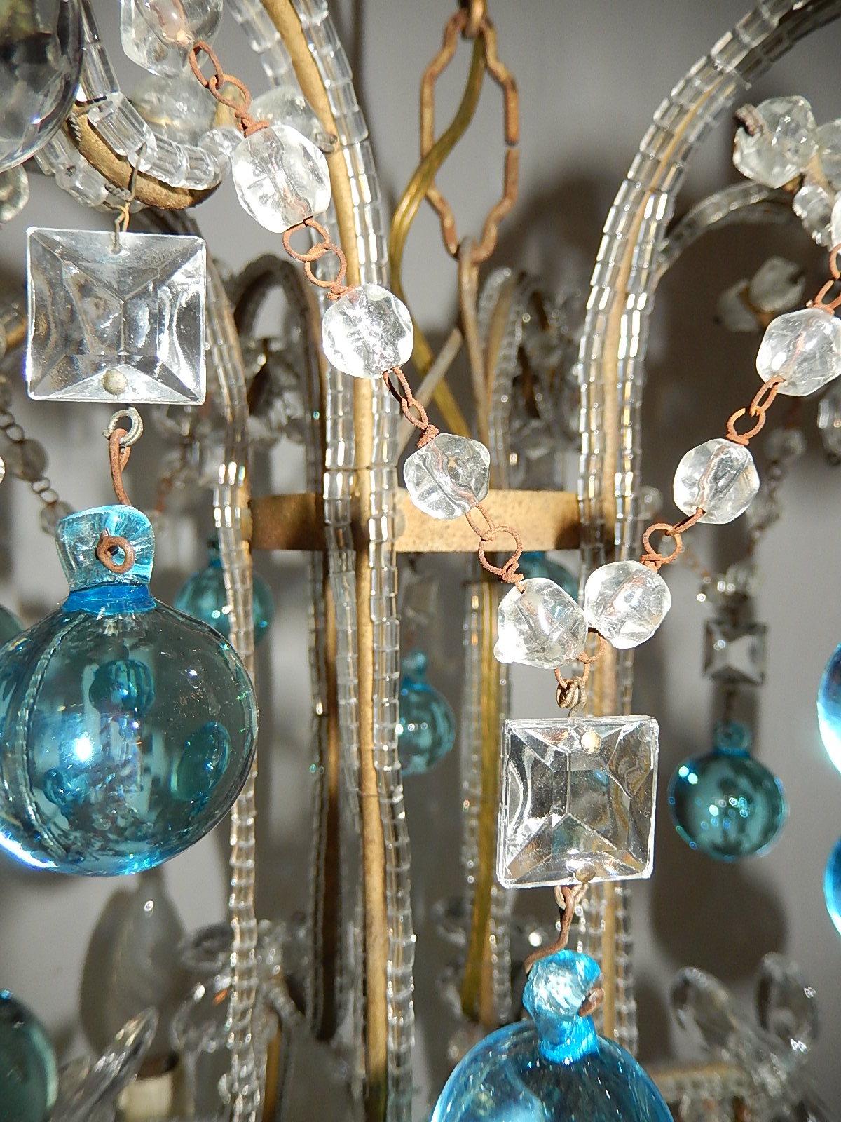 Aqua Blue French Maison Baguès Style Beaded Crystal Prisms & Flowers Chandelier 8