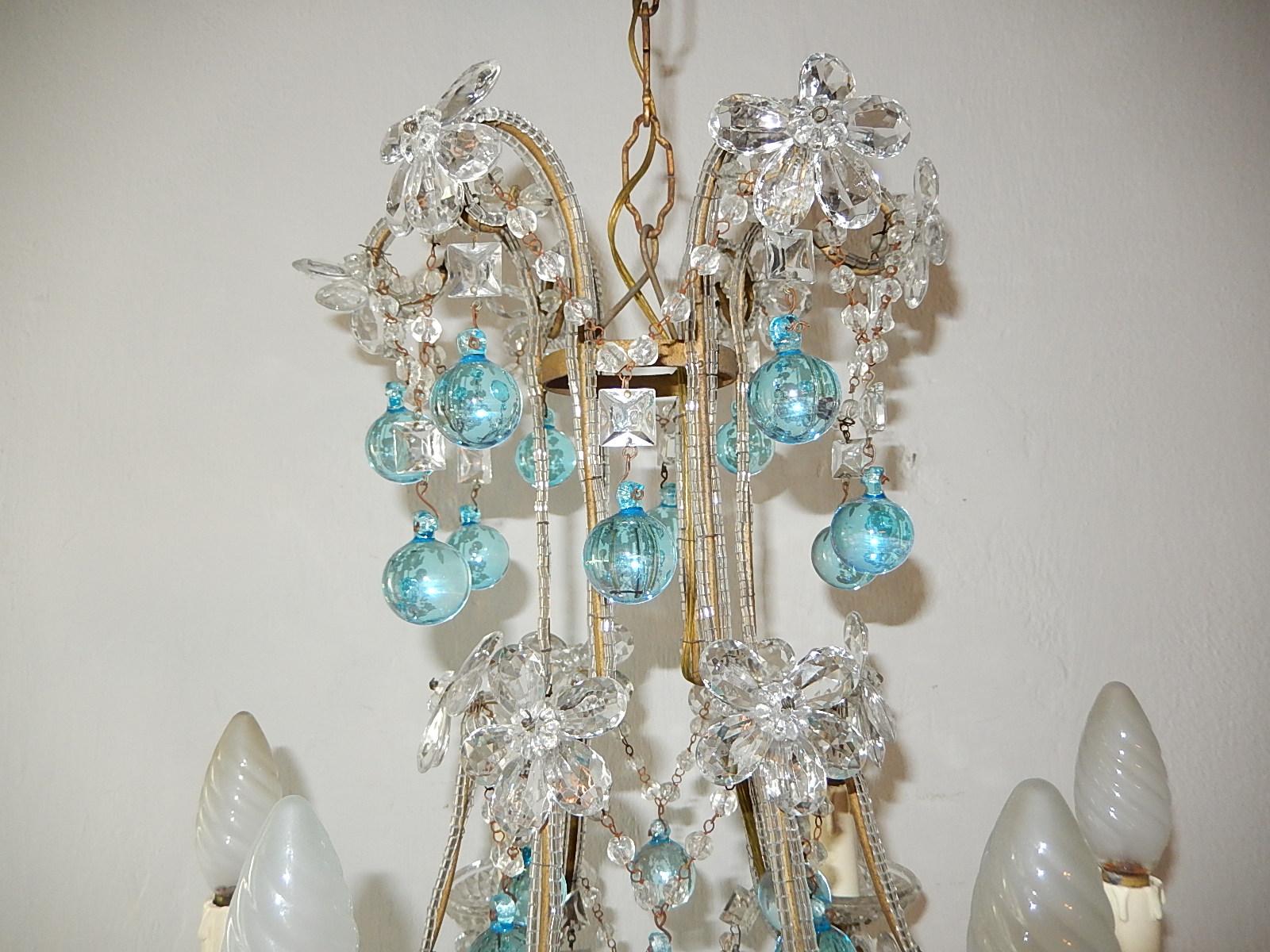 Early 20th Century Aqua Blue French Maison Baguès Style Beaded Crystal Prisms & Flowers Chandelier
