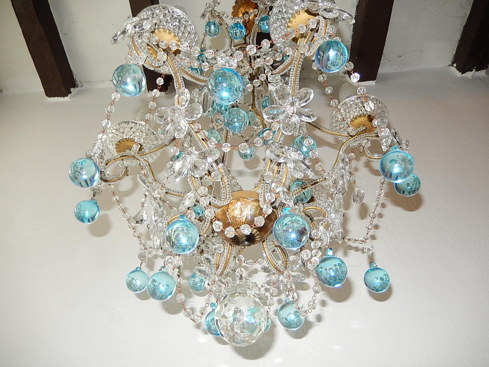 Aqua Blue French Maison Baguès Style Beaded Crystal Prisms & Flowers Chandelier 1