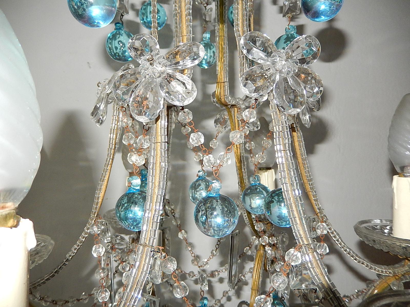 Aqua Blue French Maison Baguès Style Beaded Crystal Prisms & Flowers Chandelier 2
