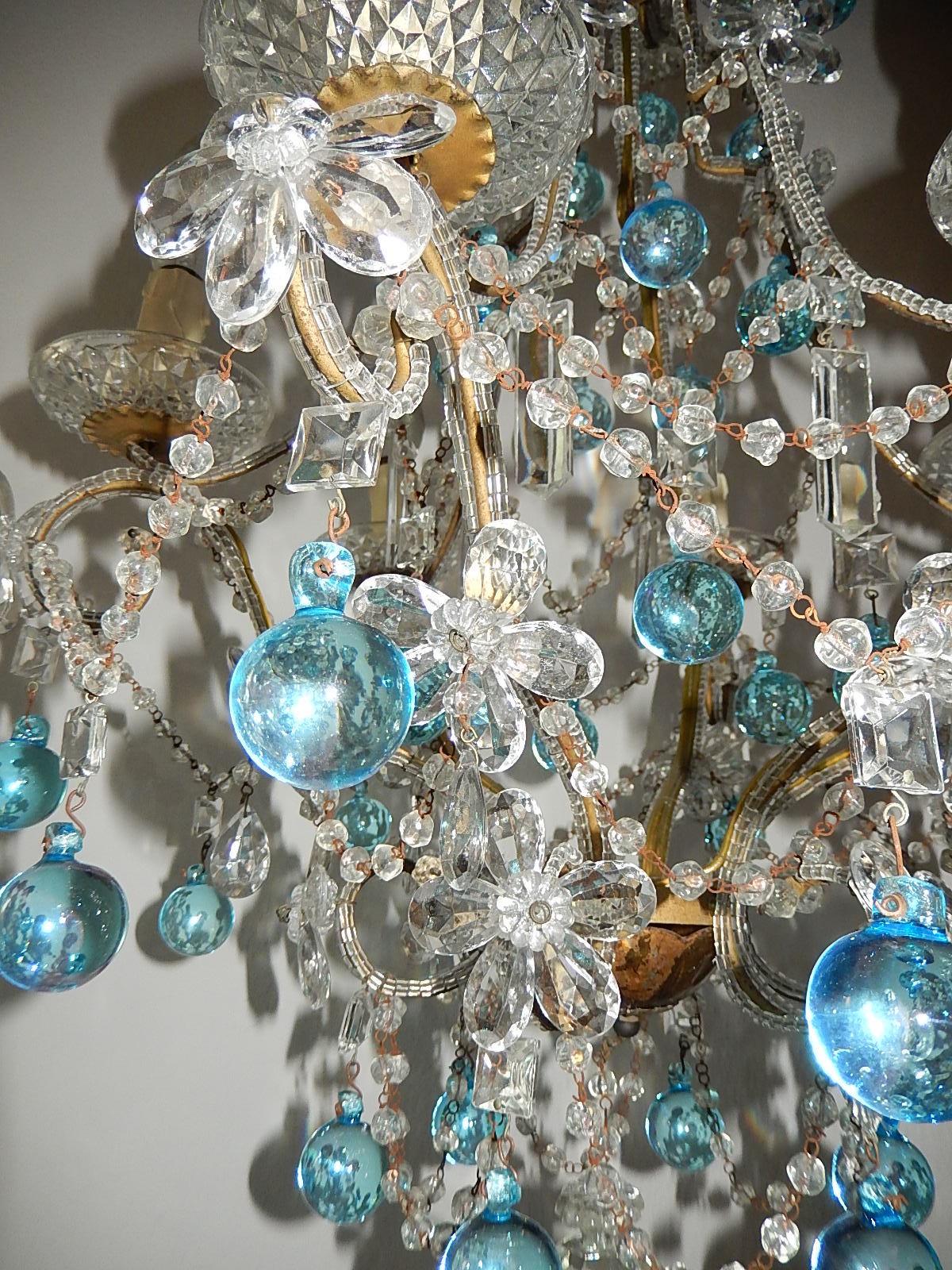 Aqua Blue French Maison Baguès Style Beaded Crystal Prisms & Flowers Chandelier 3