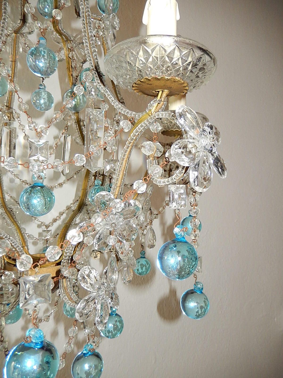 Aqua Blue French Maison Baguès Style Beaded Crystal Prisms & Flowers Chandelier 4