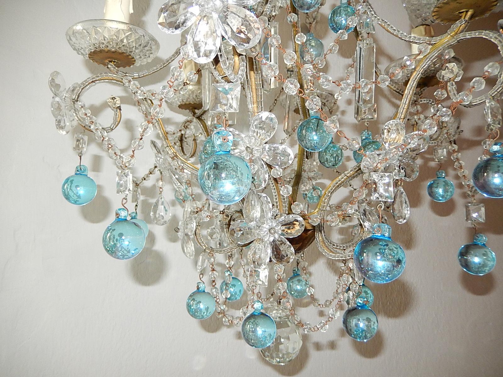 Aqua Blue French Maison Baguès Style Beaded Crystal Prisms & Flowers Chandelier 5