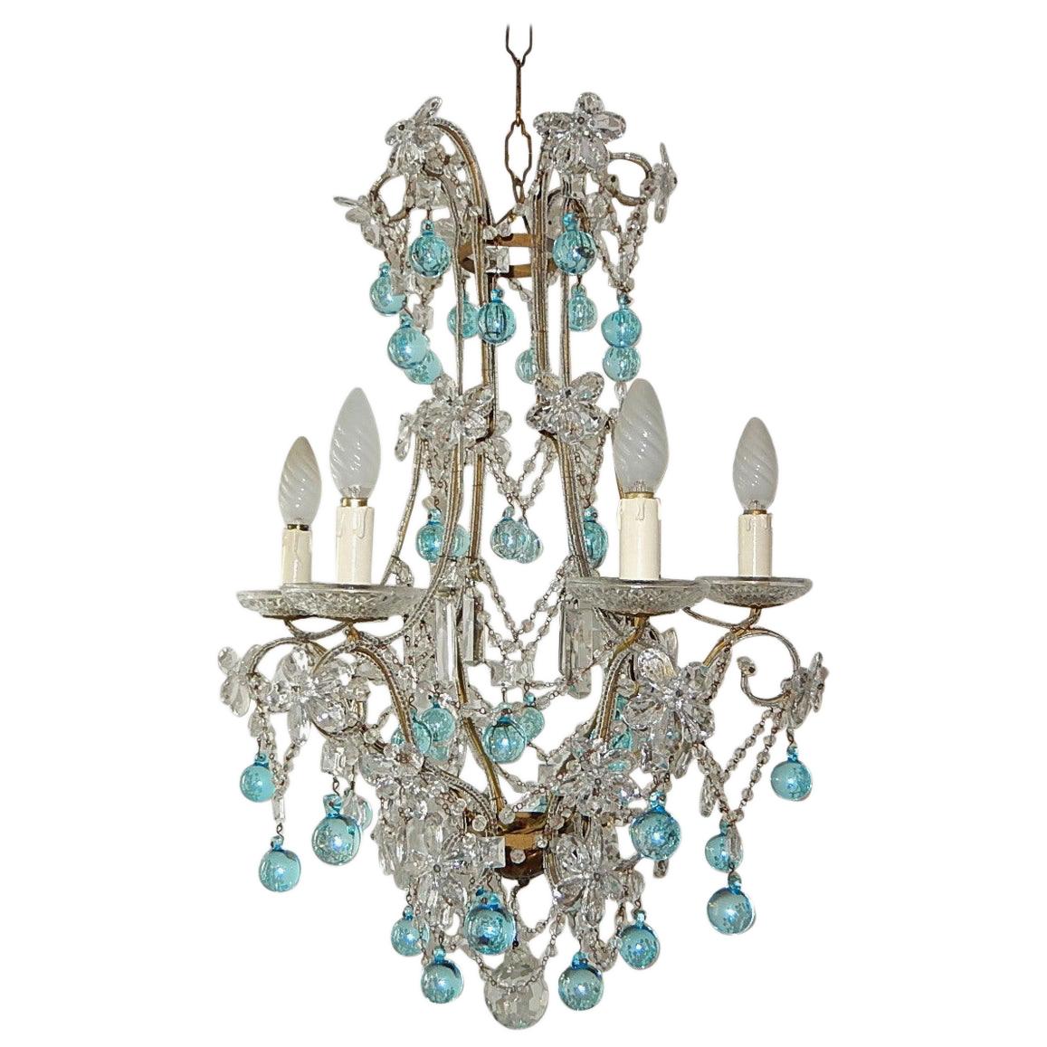 Aqua Blue French Maison Baguès Style Beaded Crystal Prisms & Flowers Chandelier