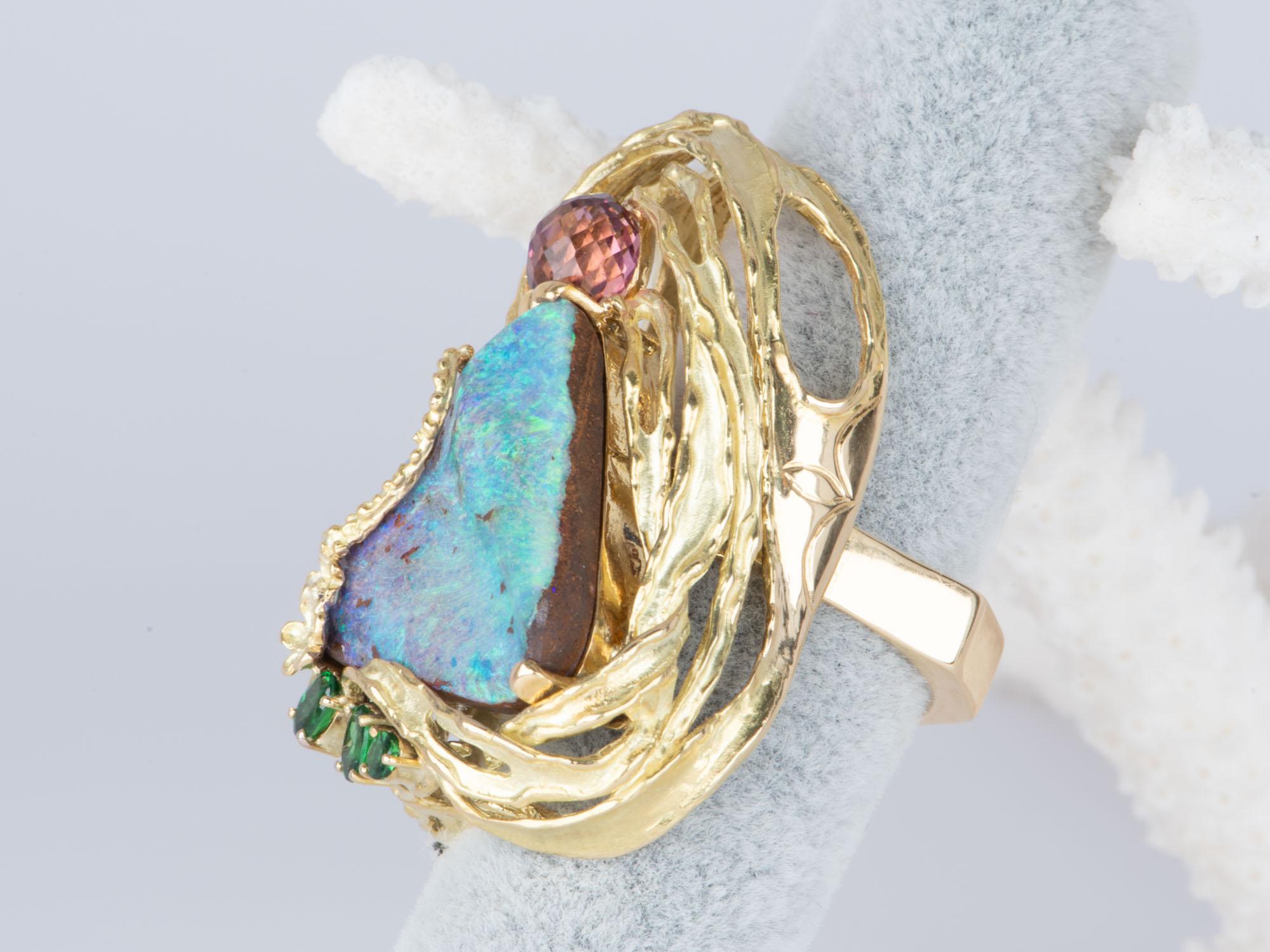 Aqua Blue Green Australian Boulder Opal Ring Pendant Combo 18K Gold 26g V1128 In New Condition For Sale In Osprey, FL