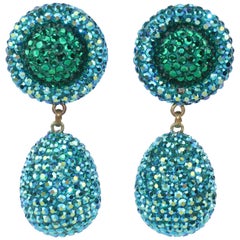 Vintage Aqua Blue & Green Pave Crystal Dangle Earrings, C.1980