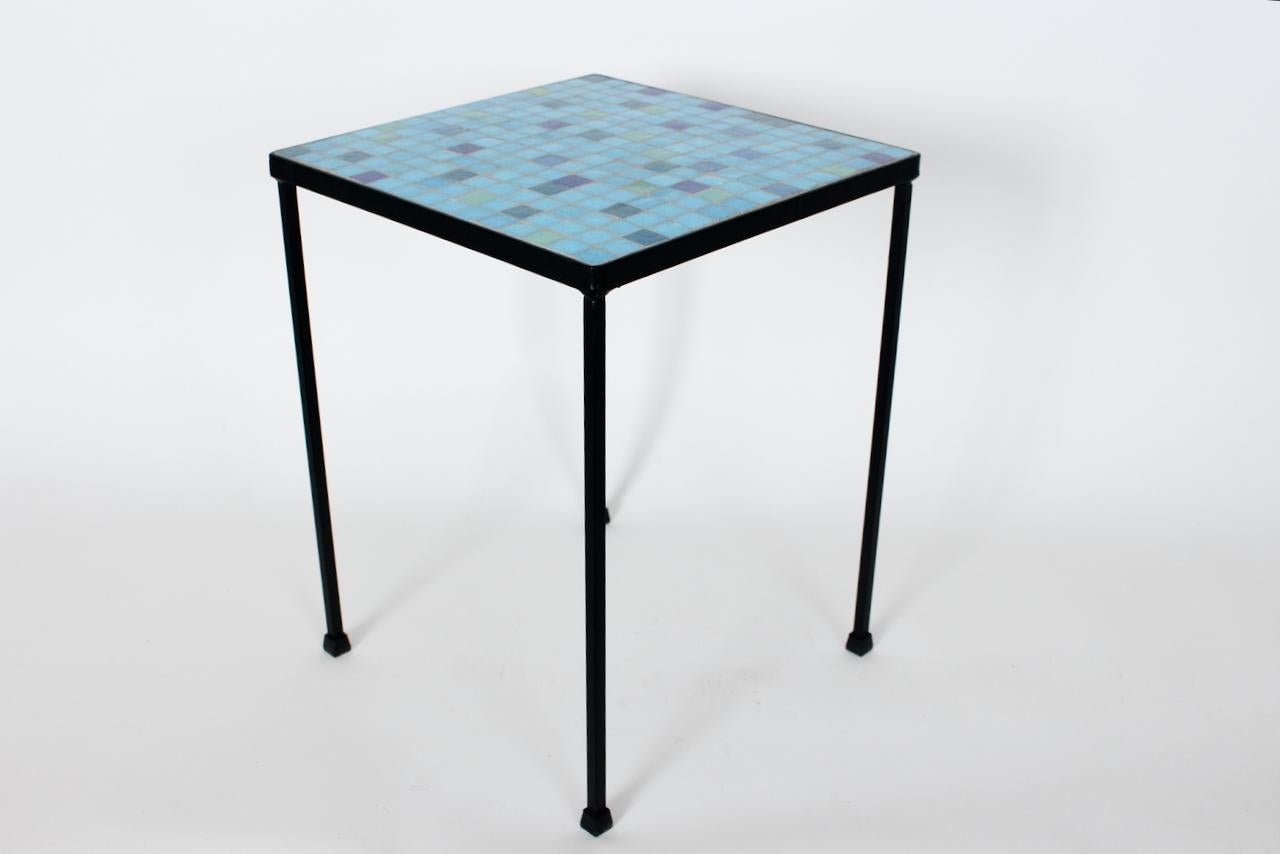 American Aqua, Blue, Green & Violet Terrazzo Tile Top & Iron Occasional Table, 1950s For Sale