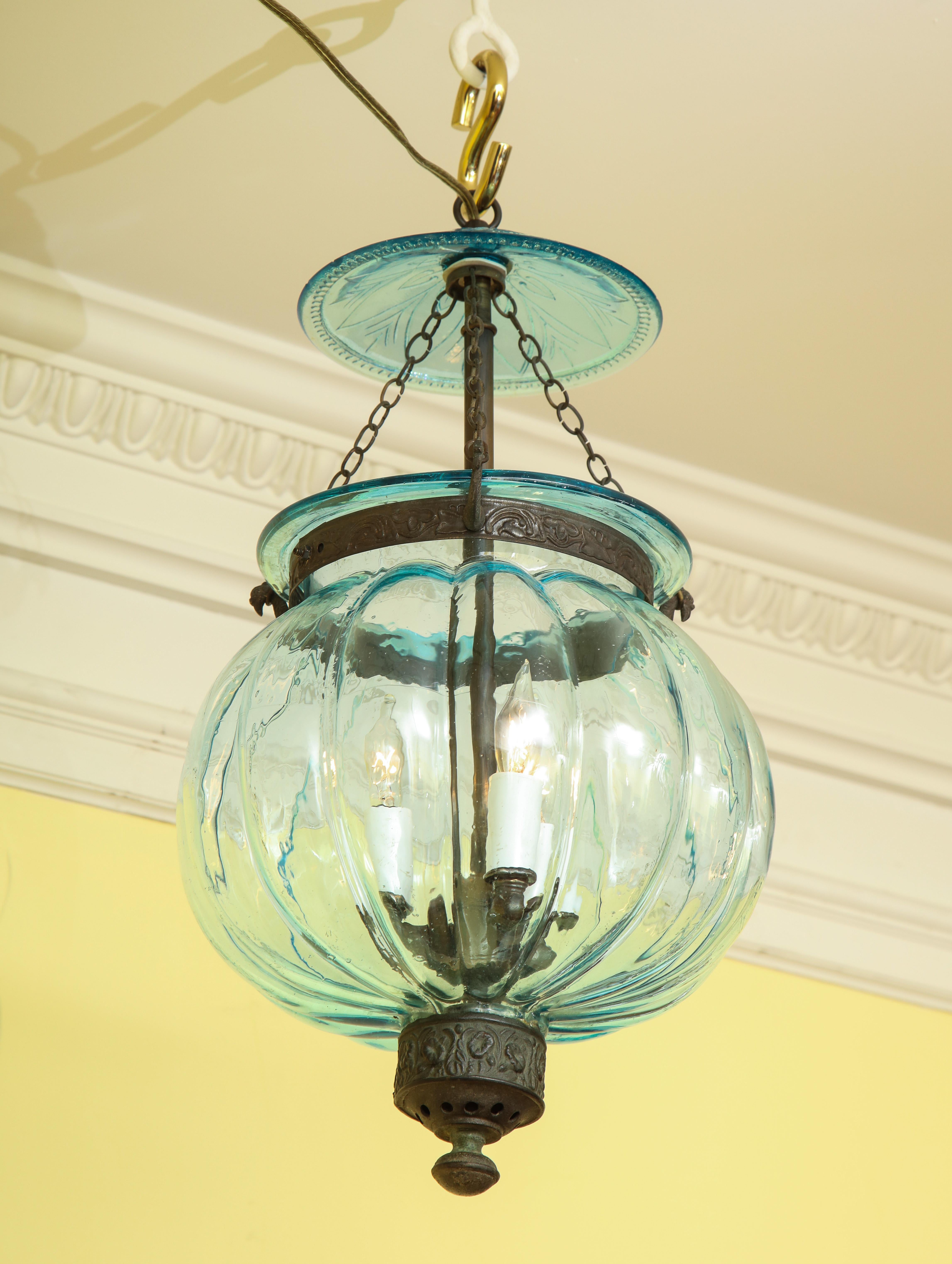 Aqua Blue Melon Form Glass Three Light Lantern, Belgian, circa 1870 For Sale 6