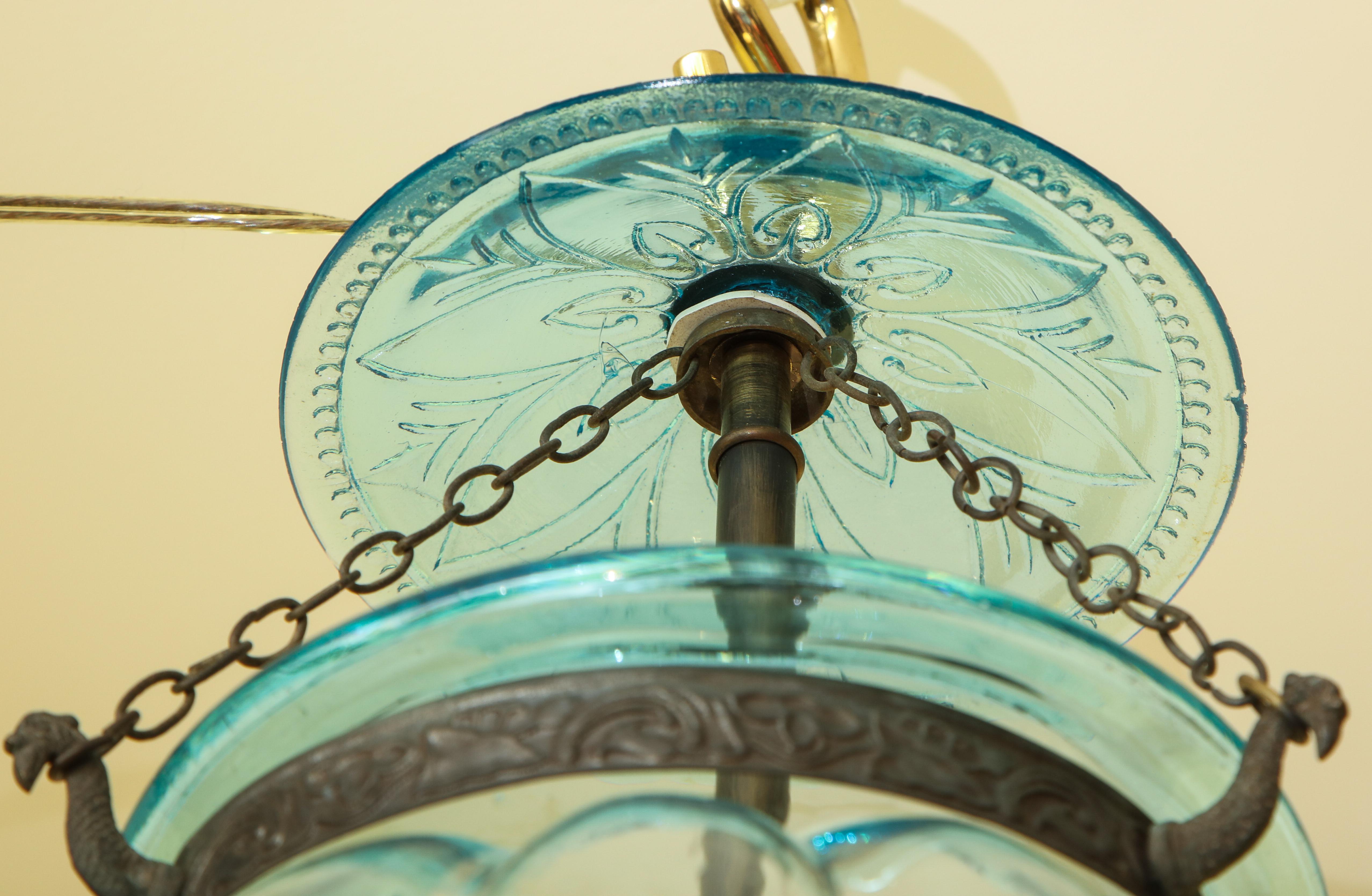 Aqua Blue Melon Form Glass Three Light Lantern, Belgian, circa 1870 In Good Condition For Sale In New York, NY