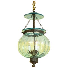 Aqua Blue Melon Form Glass Three Light Lantern, Belgian, circa 1870