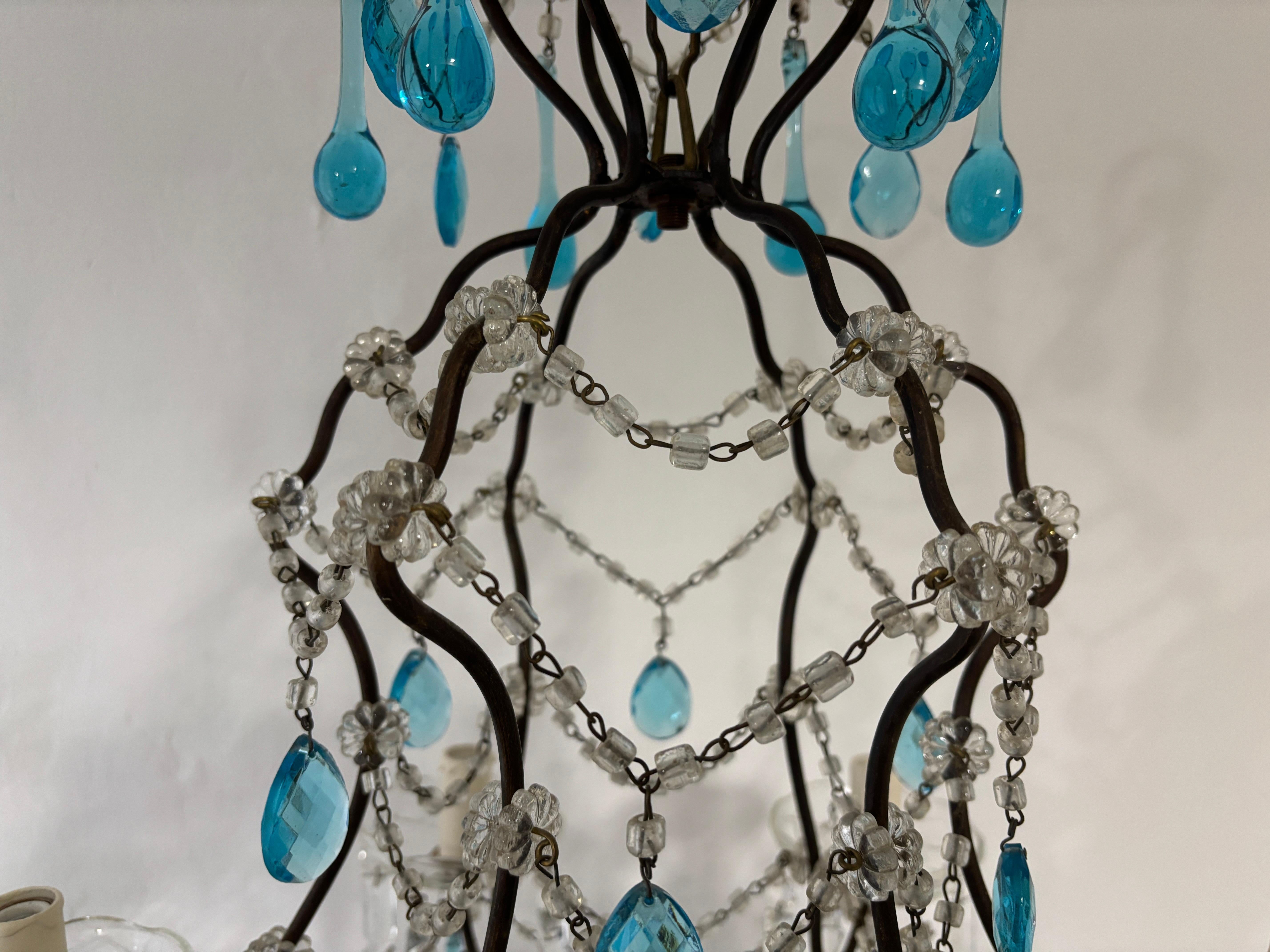 Lampadario a lance con gocce di cristalli di Murano blu acqua, francese, c.C. 1920 in vendita 4