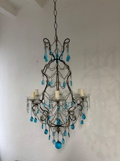 Aqua Blue Murano Drops Crystals Spear Chandelier French c 1920