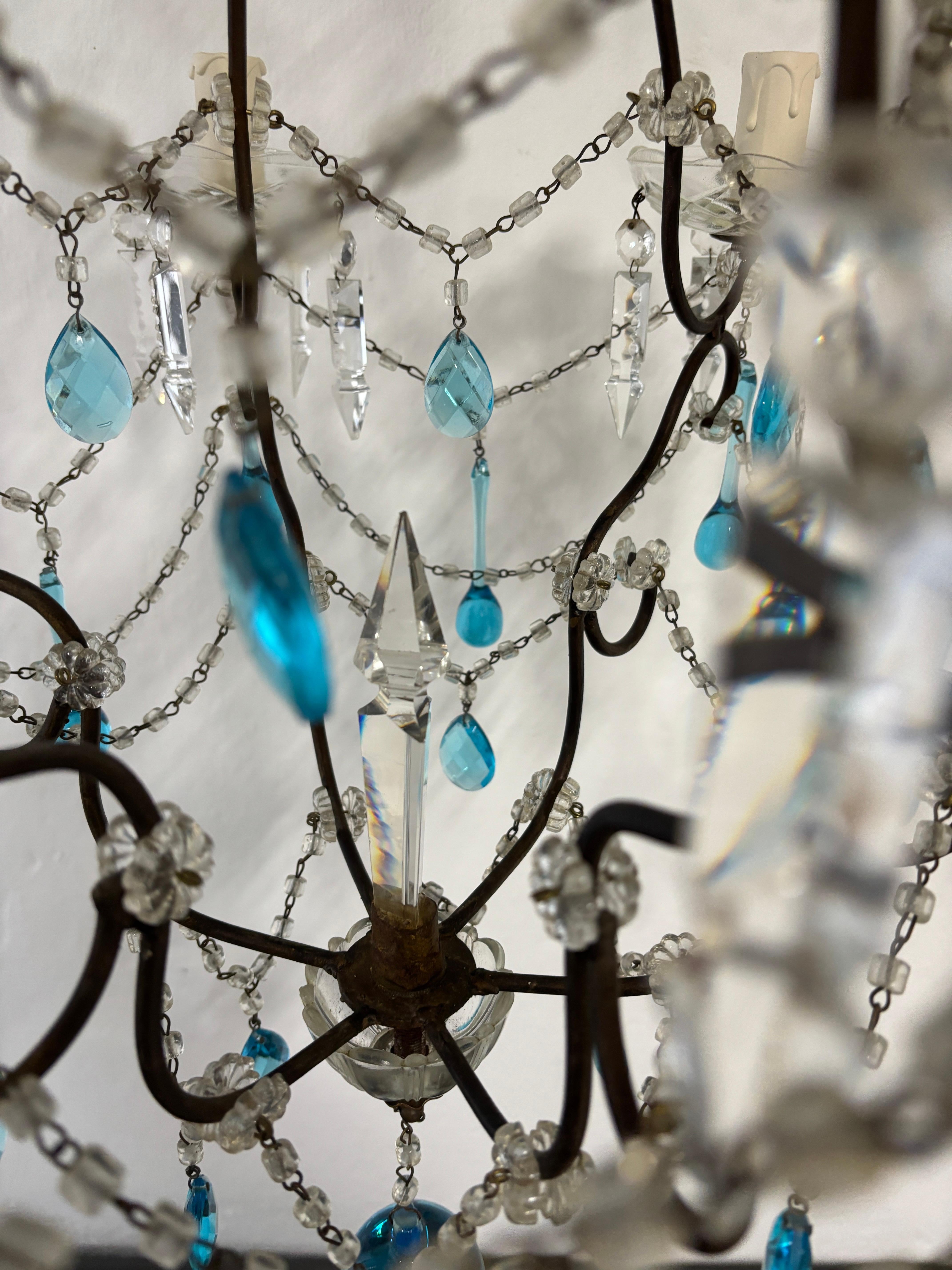 Lampadario a lance con gocce di cristalli di Murano blu acqua, francese, c.C. 1920 In condizioni buone in vendita a Firenze, Toscana