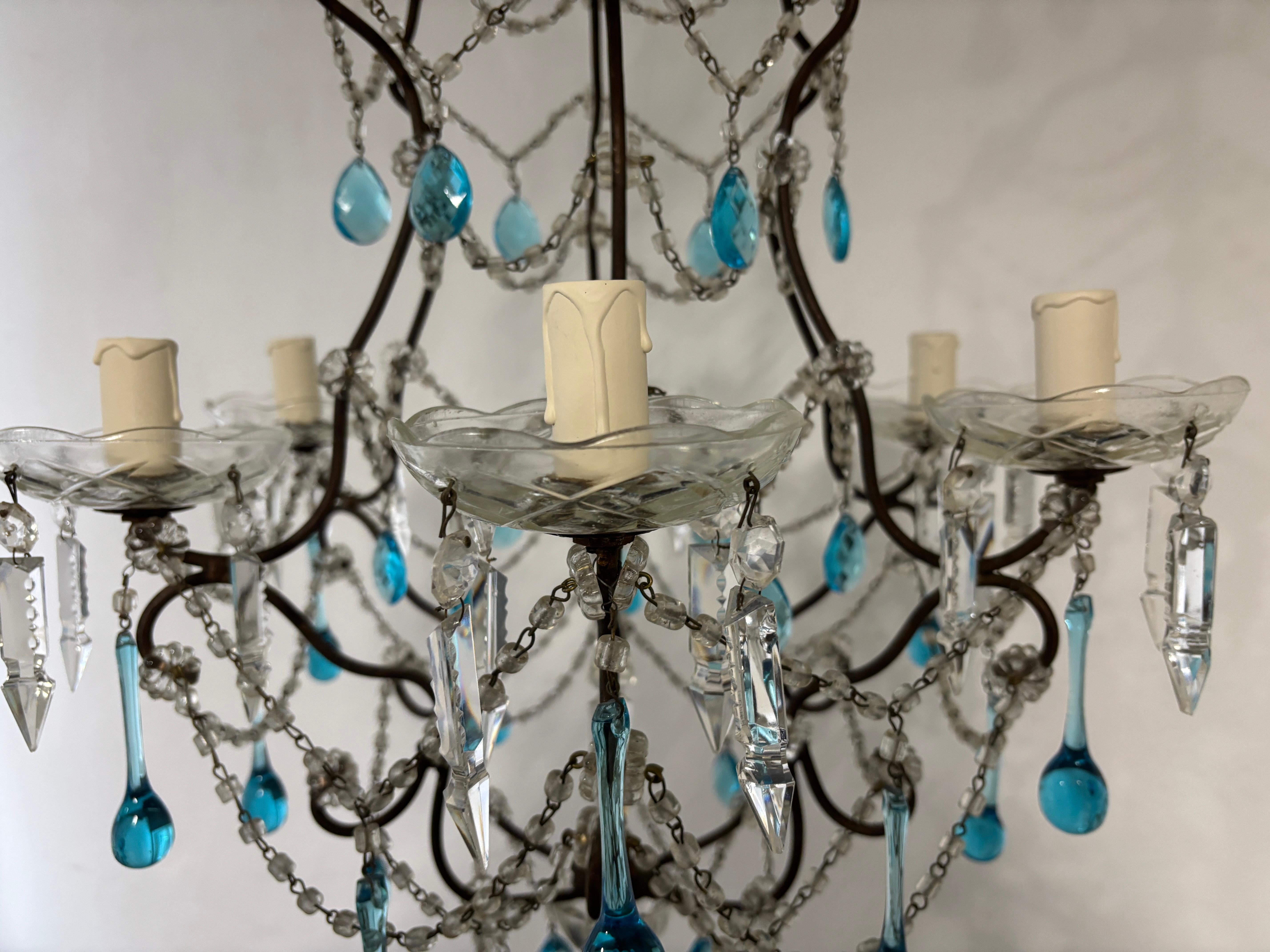 Cristallo Lampadario a lance con gocce di cristalli di Murano blu acqua, francese, c.C. 1920 in vendita
