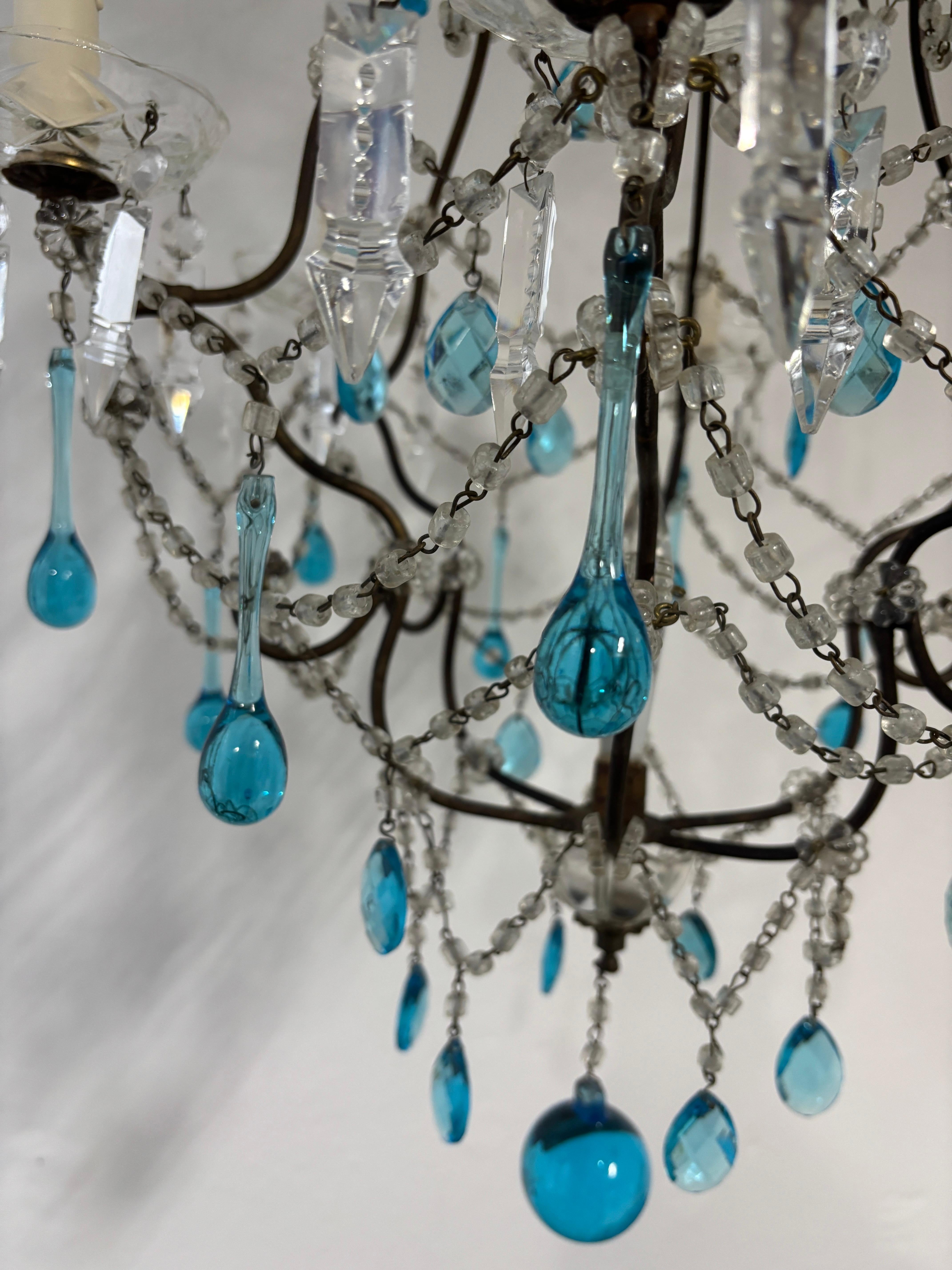Lampadario a lance con gocce di cristalli di Murano blu acqua, francese, c.C. 1920 in vendita 2
