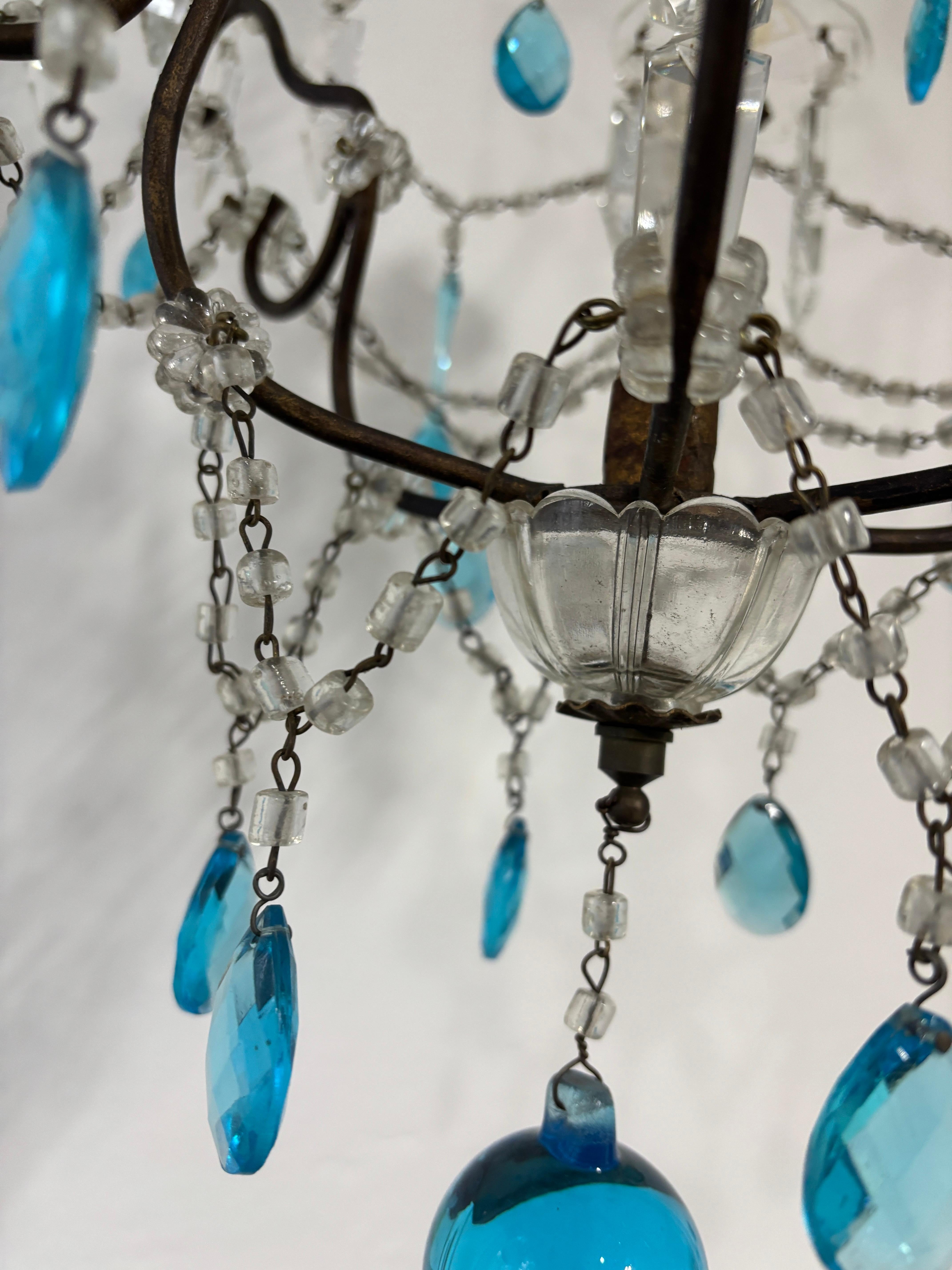 Lampadario a lance con gocce di cristalli di Murano blu acqua, francese, c.C. 1920 in vendita 3