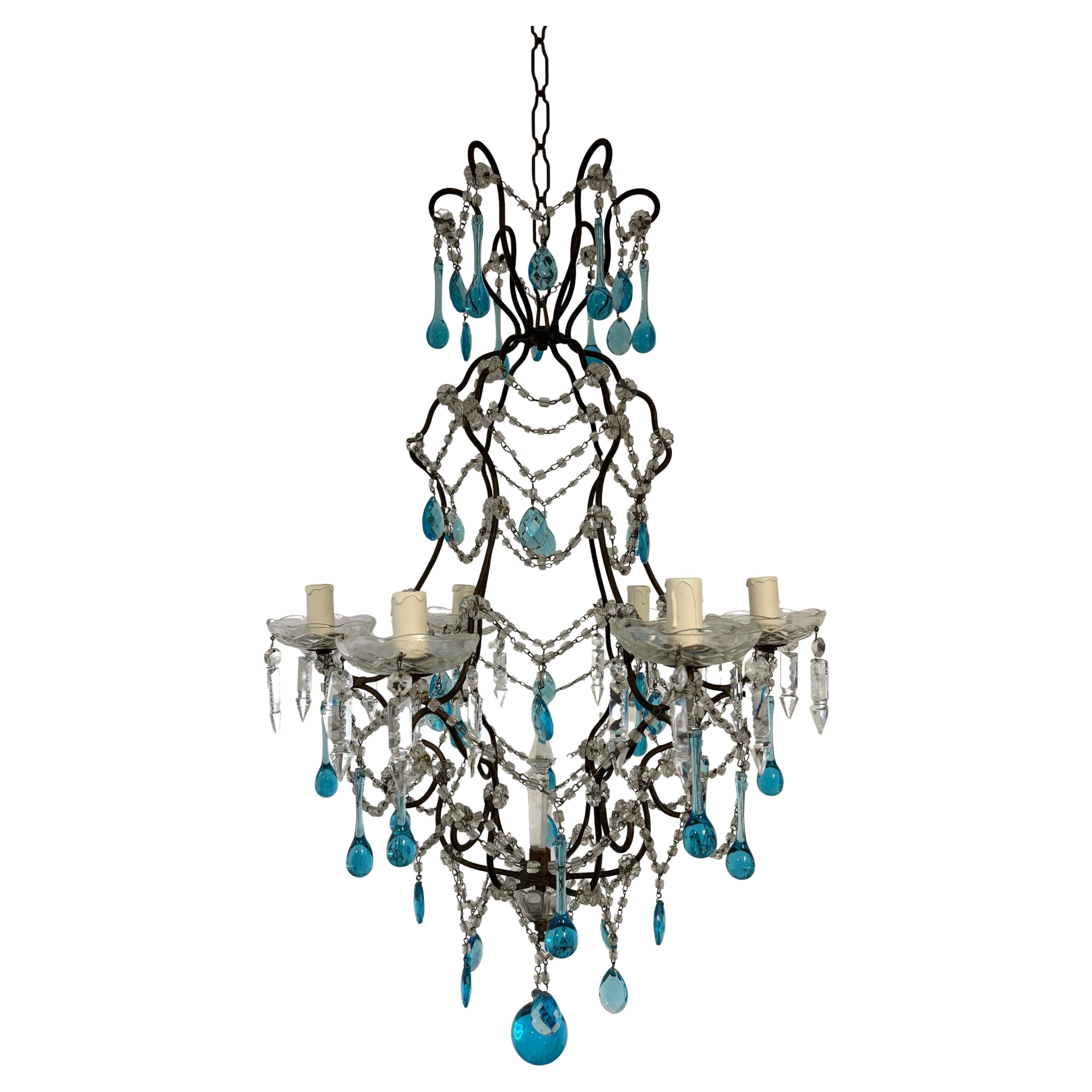 Aqua Blue Murano Drops Crystals Spear Chandelier French c 1920
