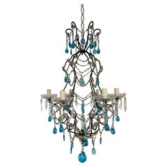 Lustre français en forme de lance, bleu turquoise, avec gouttes de cristal de Murano, c 1920