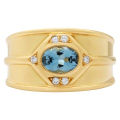 Vintage Aqua Blue Topaz Ring with Diamond Accents Set in 18k Yellow Gold