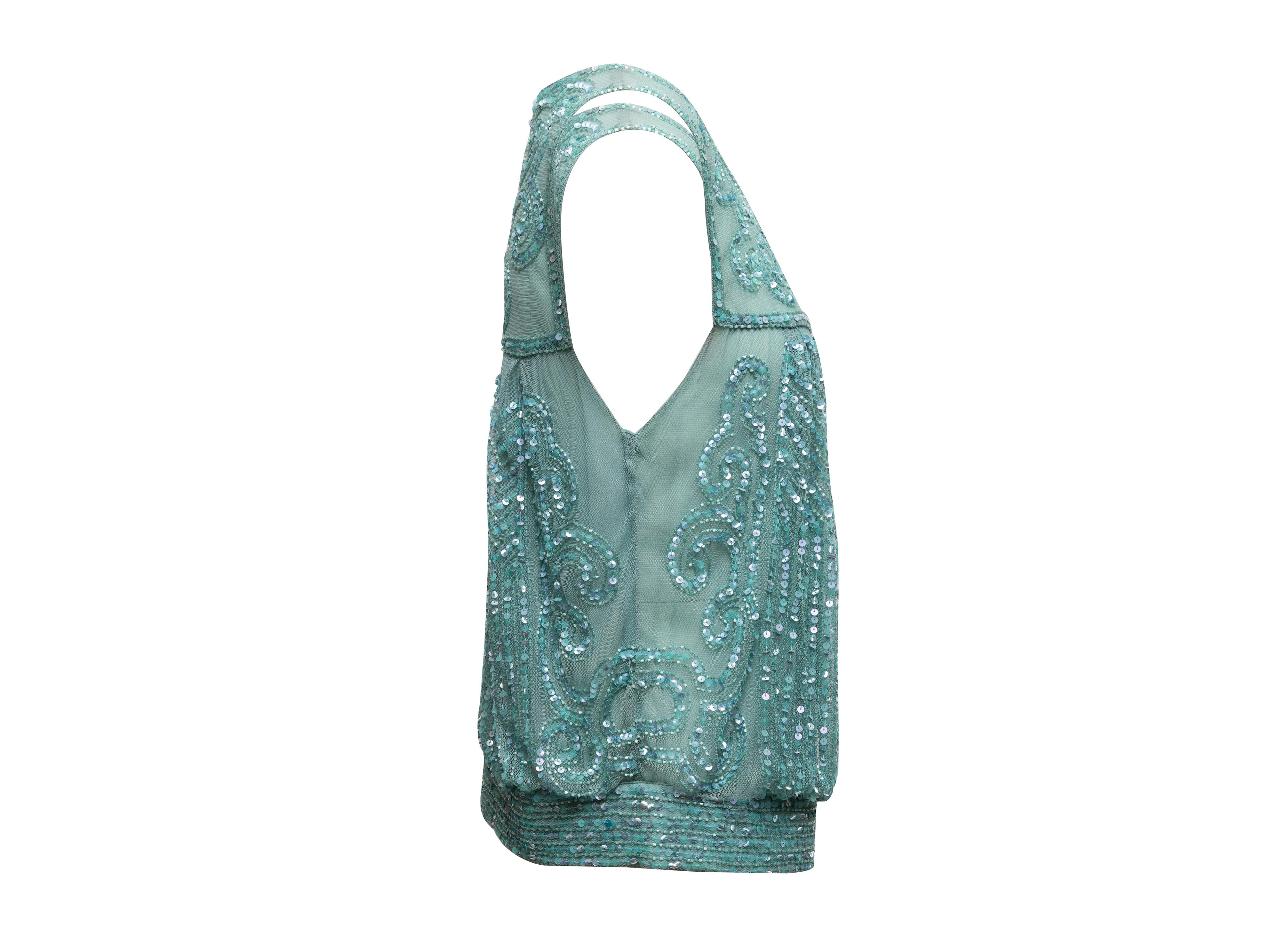 Ärmelloses Aqua-Top von Blumarine. Rundhalsausschnitt. Durchgehend mit Perlen und Pailletten verziert. 30