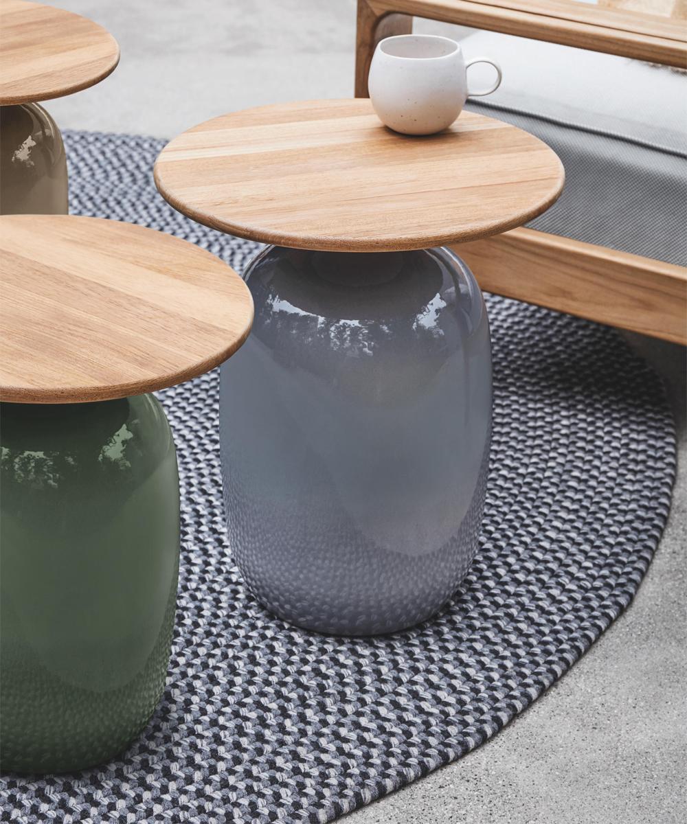 Contemporary Aqua Ceramic Anthracite Side Table with Teak Top For Sale