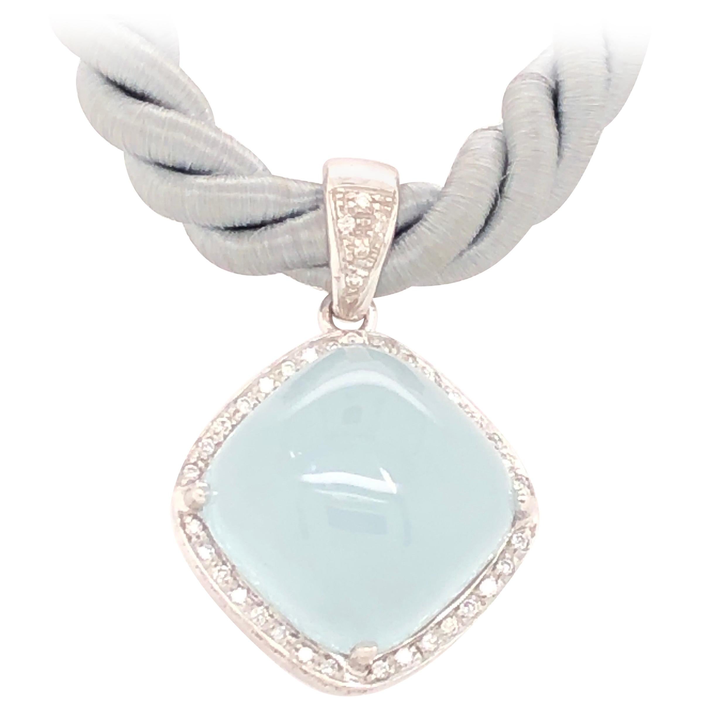 Aqua Chalcedony and Diamond White Gold Pendant Necklace