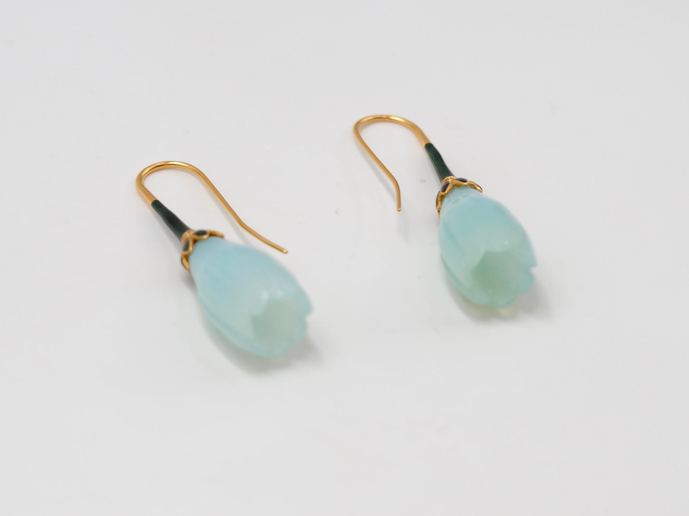 Women's Aqua Chalcedony Carved Flower Green Enamel Diamond 23 Karat Gold Earrings