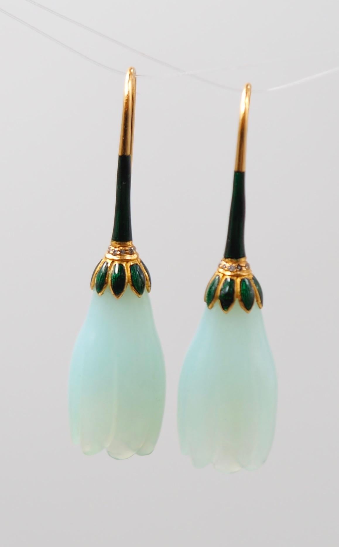 Aqua Chalcedony Carved Flower Green Enamel Diamond 23 Karat Gold Earrings 1