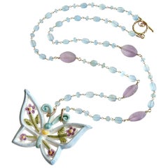 Aqua Chalcedony Matte Amethyst Reticulated Ceramic Butterfly Pendant Necklace