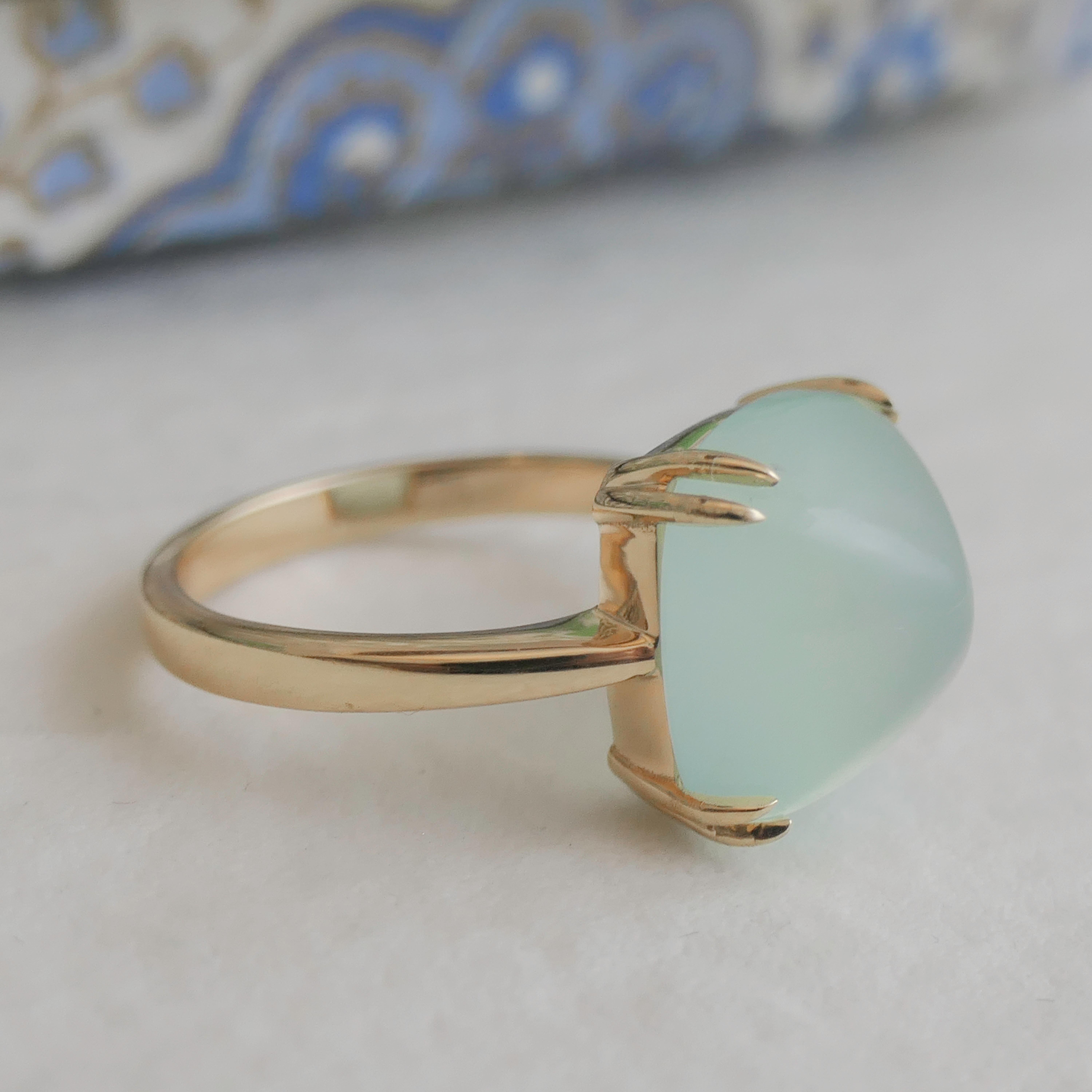 Sugarloaf Cabochon Aqua Chalcedony Sugar Loaf Gold Plated Sterling Silver Ring For Sale