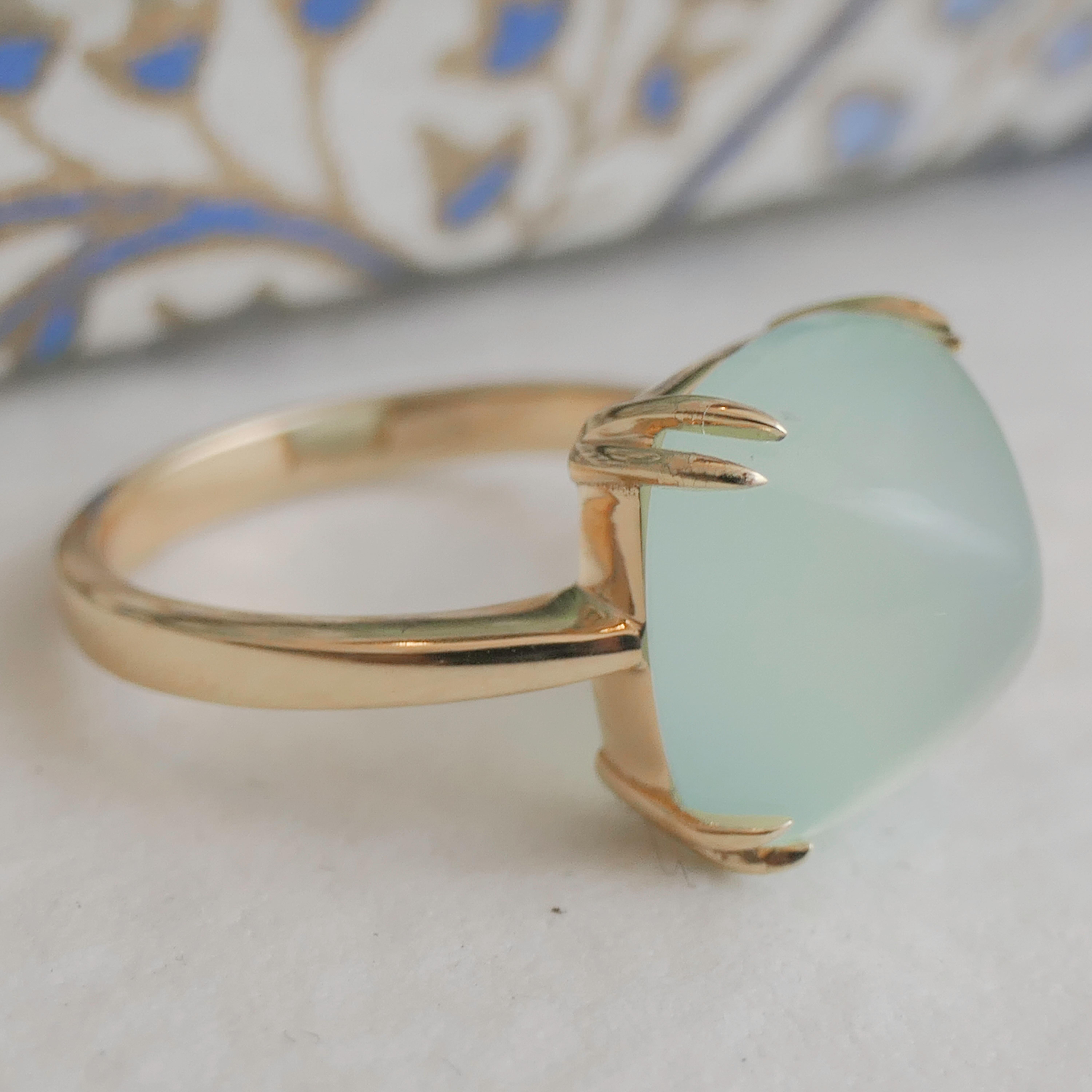 Aqua Chalcedony Sugar Loaf Gold Plated Sterling Silver Ring For Sale 2