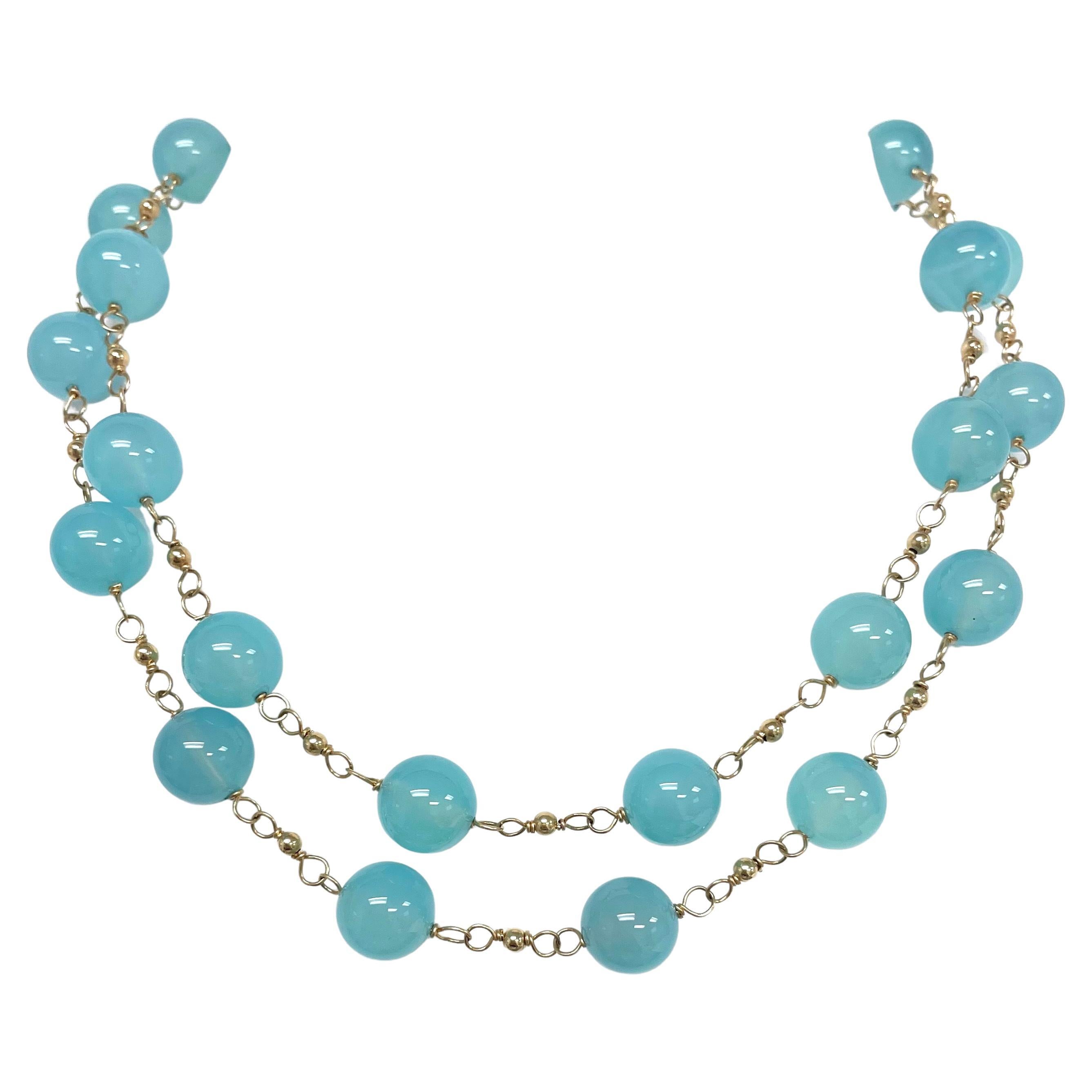 Ball Cut Aqua Chalcedony Wire-Wrapped Paradizia Necklace For Sale