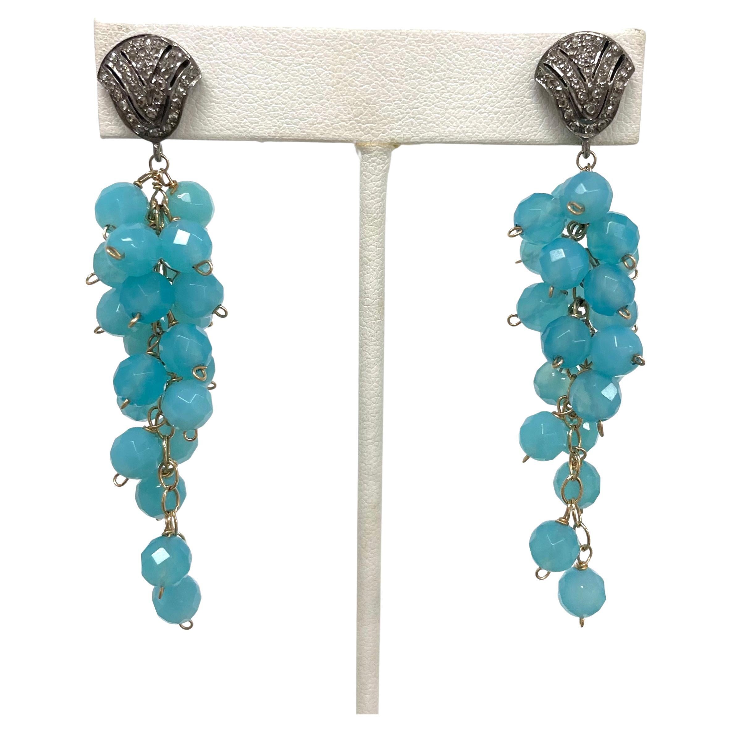 Aqua Chalcedony with Pave Diamonds Paradizia Earrings In New Condition For Sale In Laguna Beach, CA