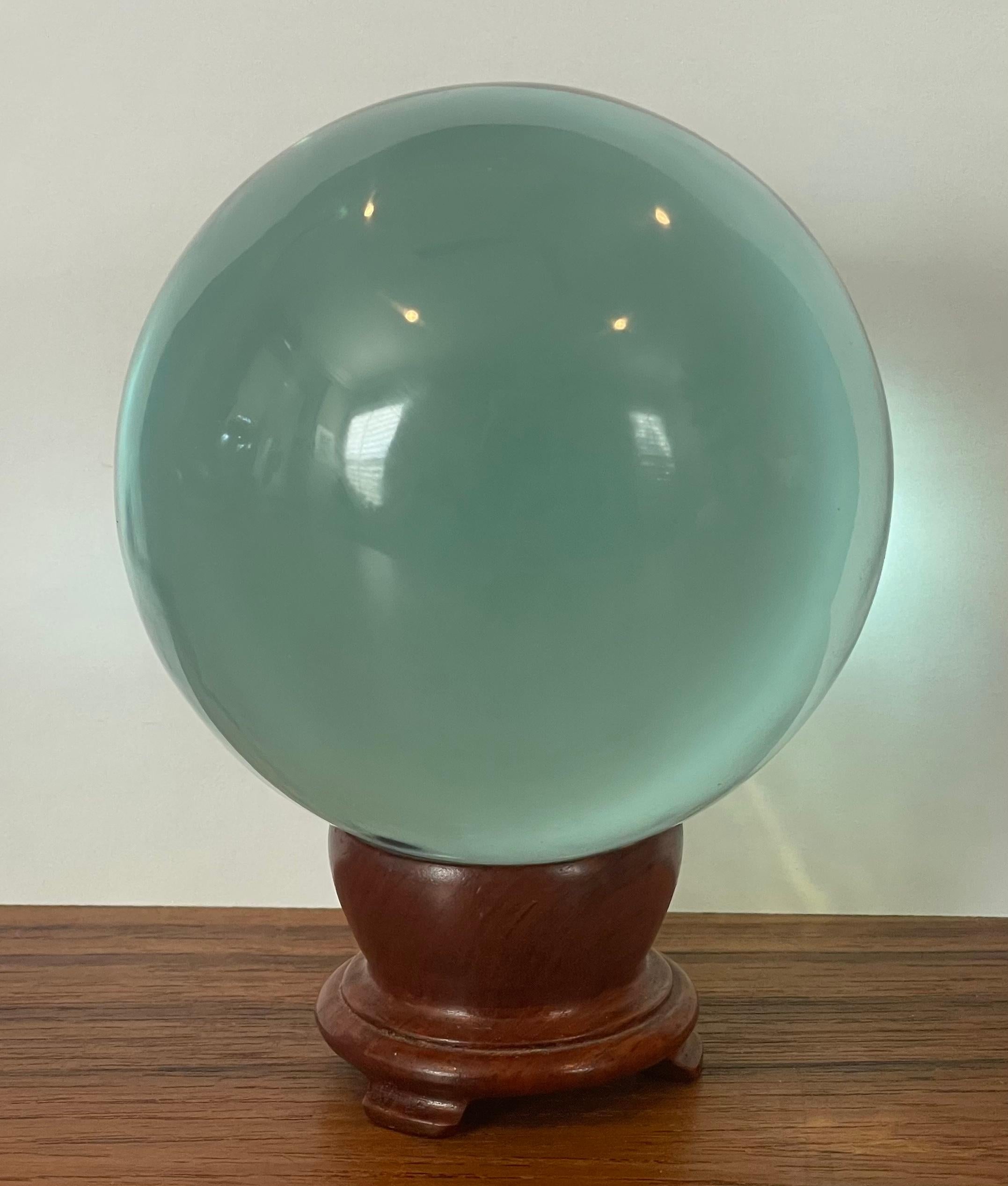 Organic Modern Aqua Colored Art Glass Orb Sculpture on Stand For Sale
