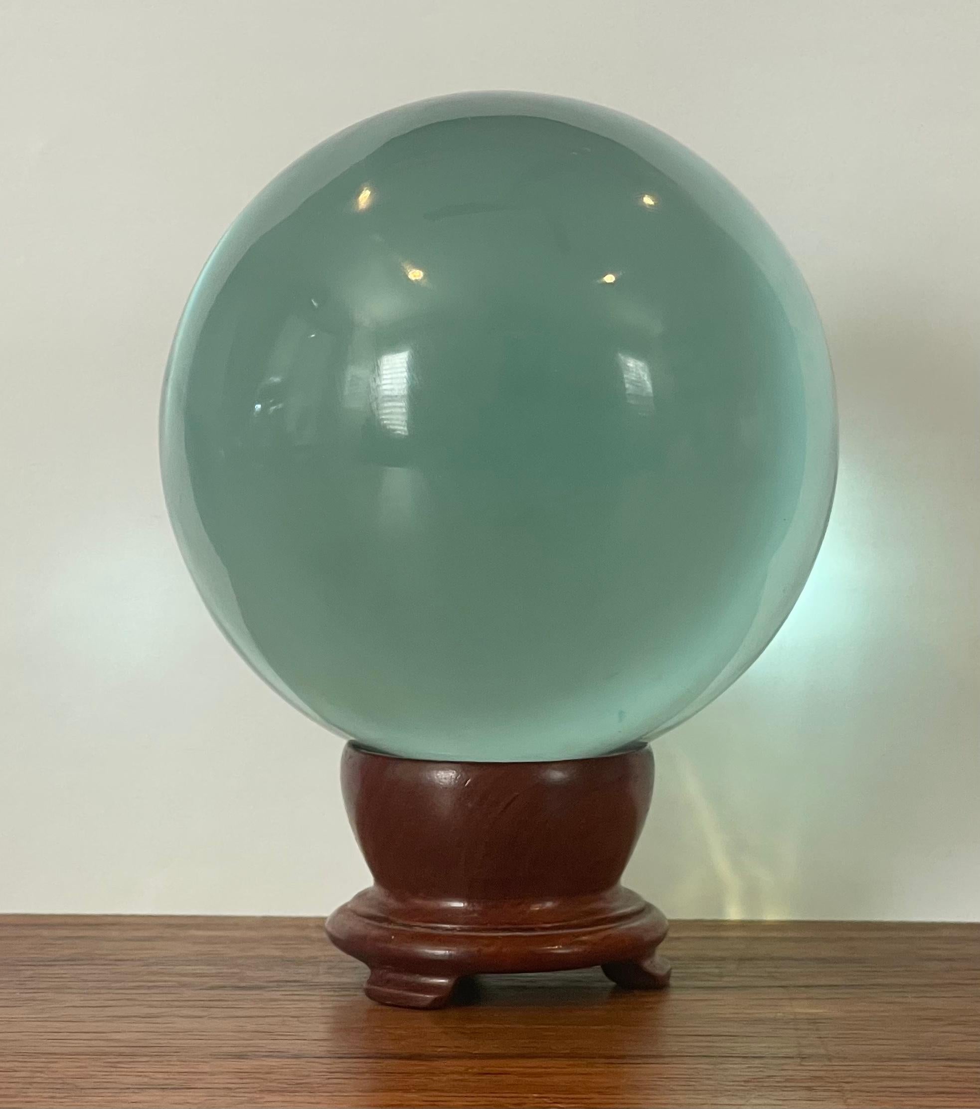 Aqua Colored Art Glass Orb Sculpture on Stand In Good Condition For Sale In San Diego, CA