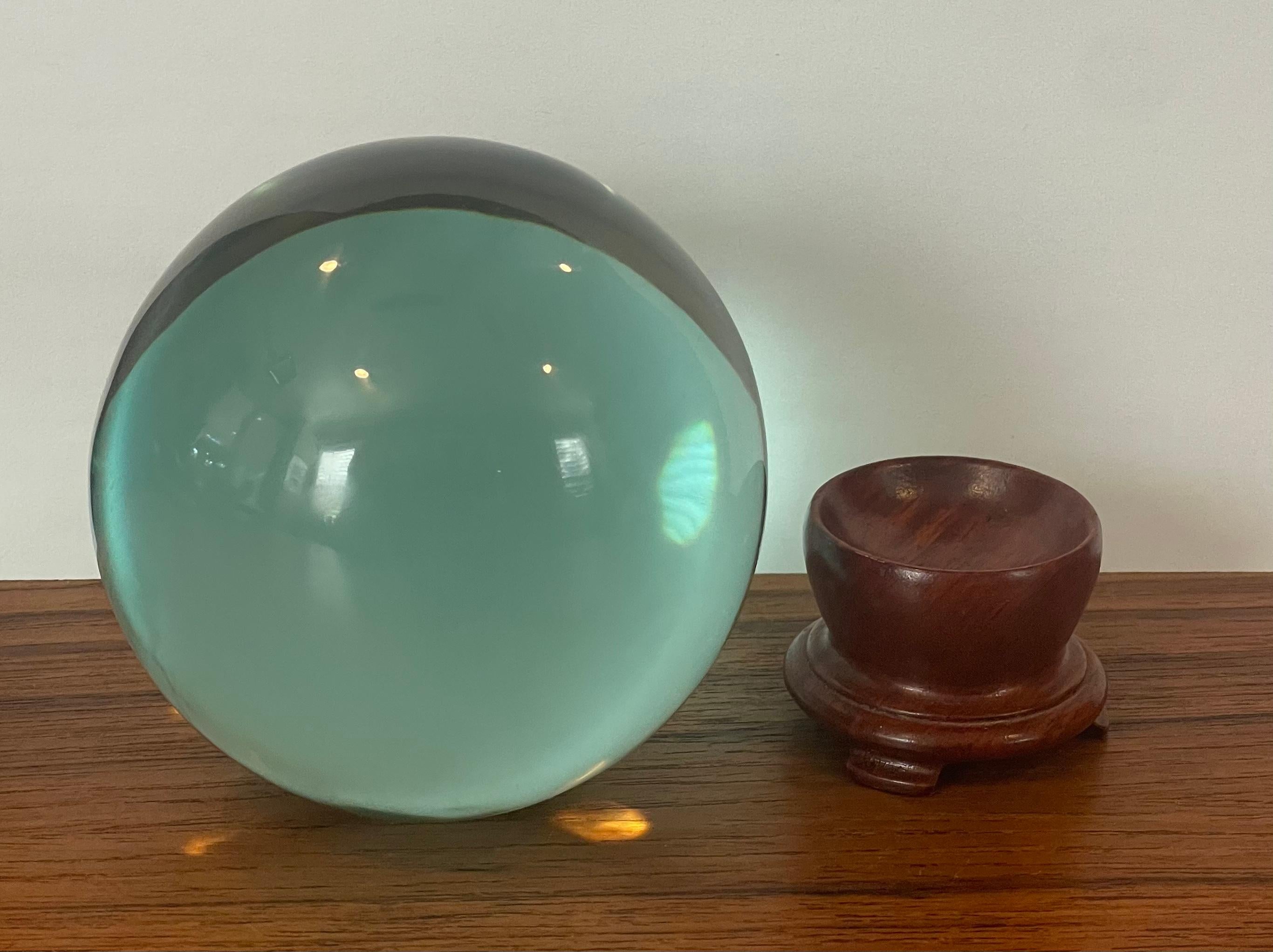 20th Century Aqua Colored Art Glass Orb Sculpture on Stand For Sale