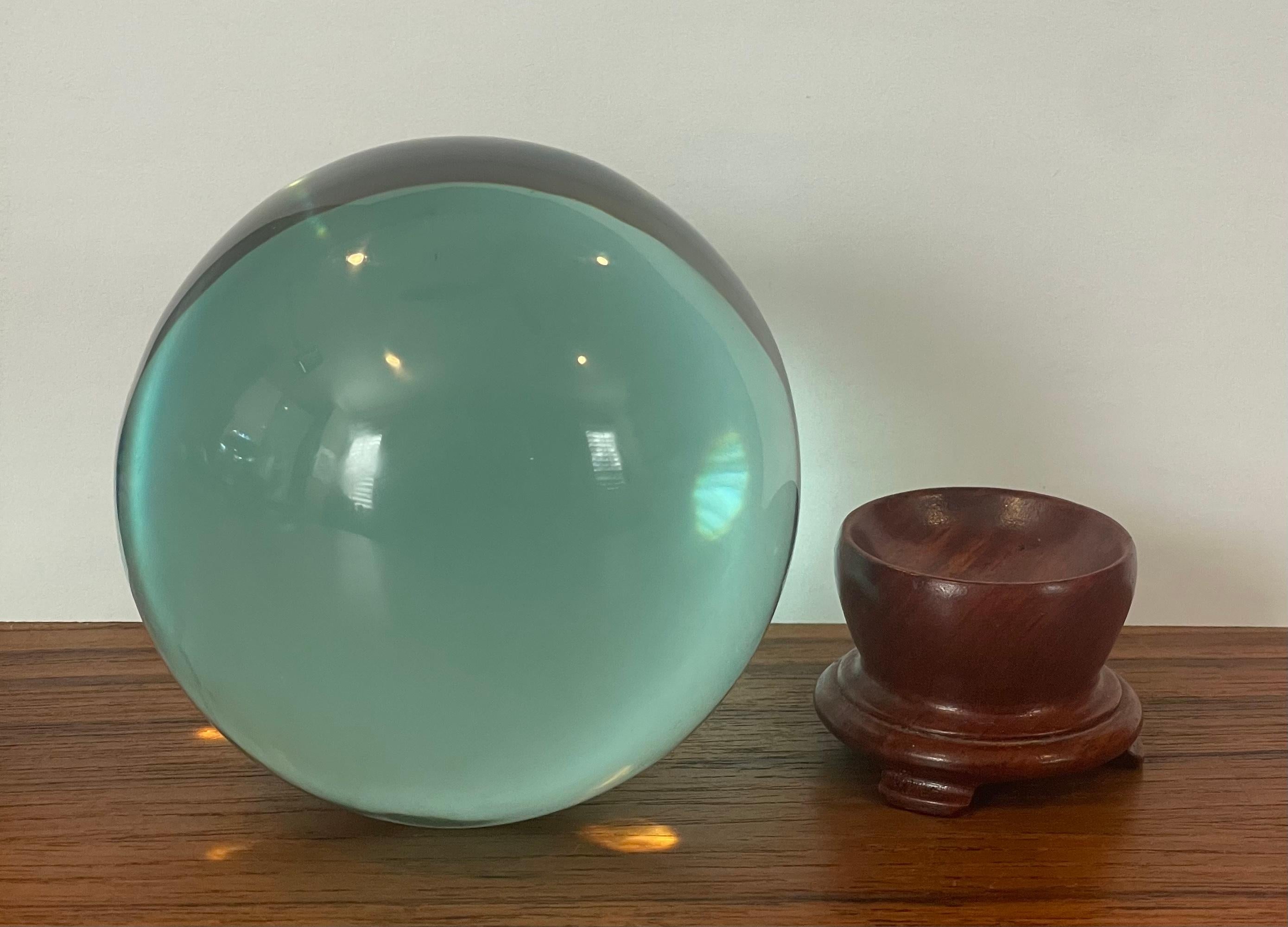 Wood Aqua Colored Art Glass Orb Sculpture on Stand For Sale